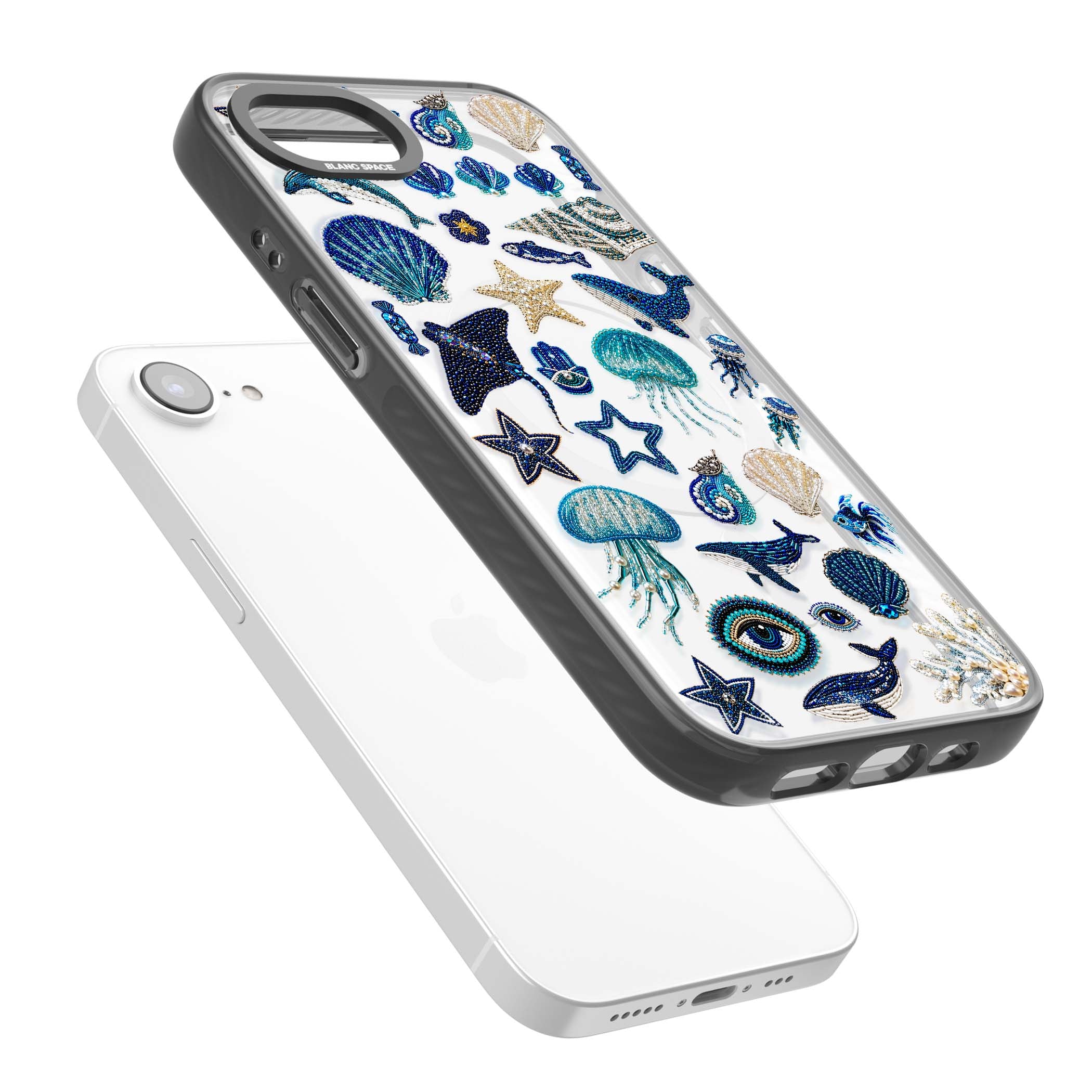 Beaded Coastal coastal iPhone case featuring embroidered seashells, jellyfish and a blue whale on clear | Black Impact Magsafe case for iPhone 16e, iPhone 17e