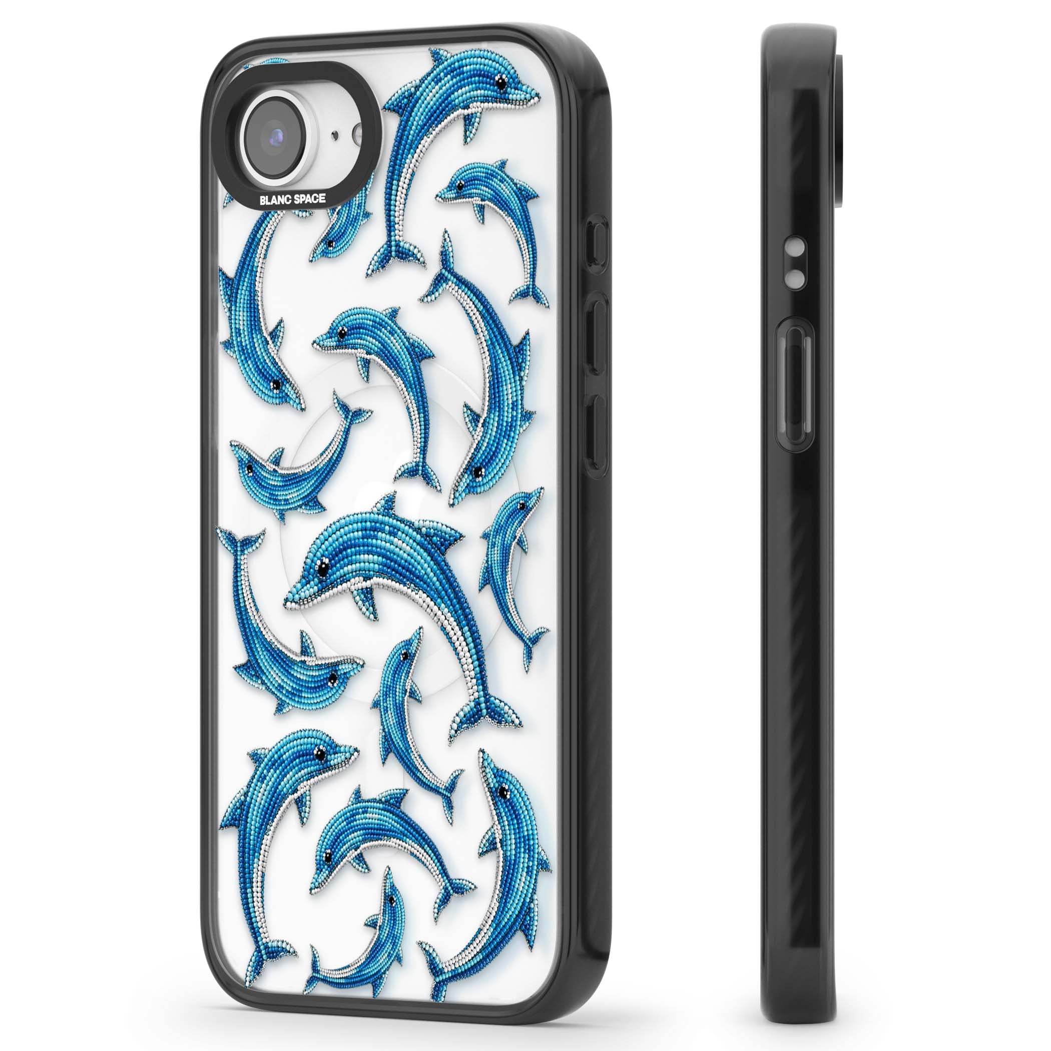 Beaded Dolphins coastal iPhone case featuring beaded dolphins in blue and white swimming across a clear background | Black Impact Magsafe case for iPhone 16e, iPhone 17e