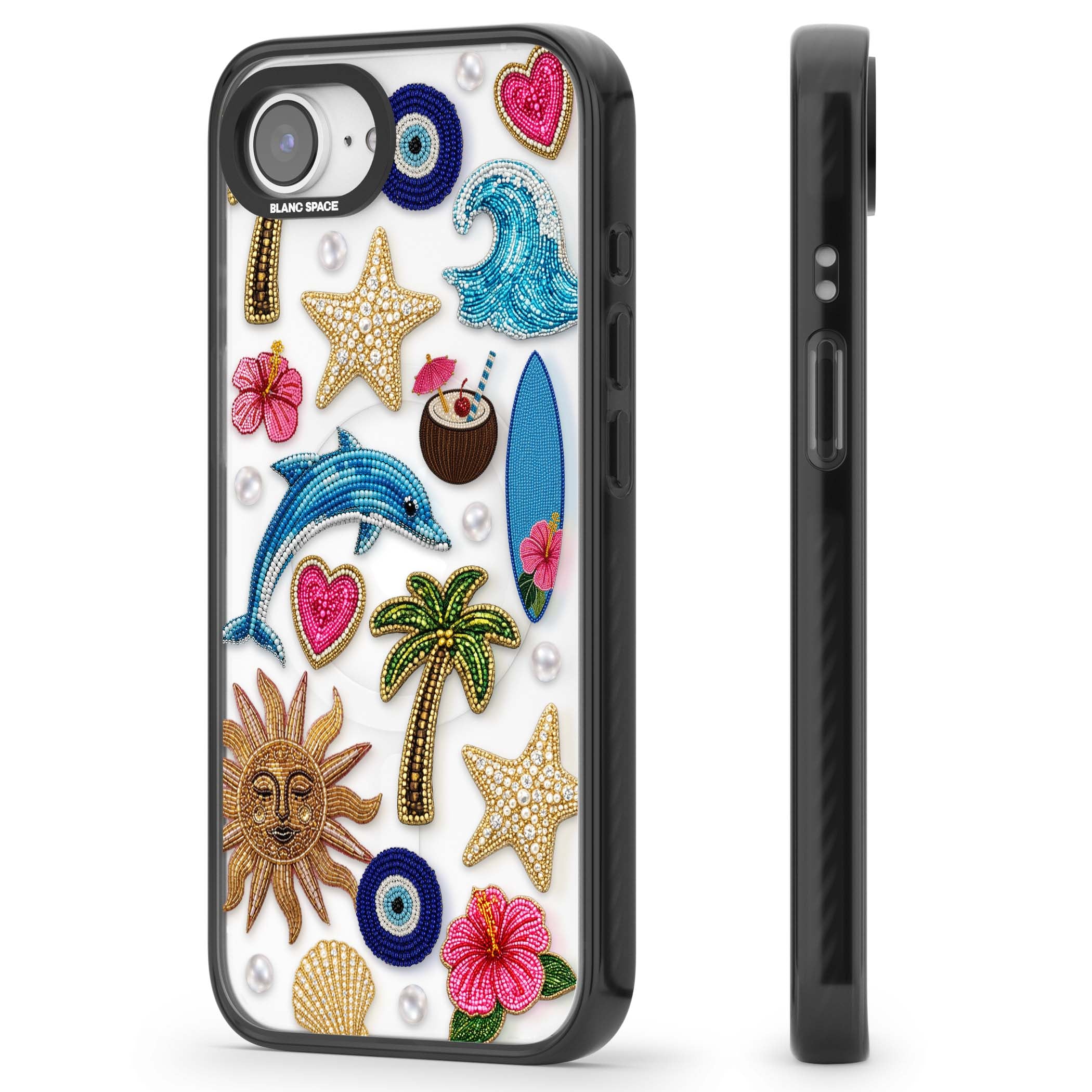 Beaded Beach coastal summer iPhone case featuring embroidered evil eye, hibiscus flowers, dolphin and palm tree patches | Black Impact Magsafe case for iPhone 16e, iPhone 17e