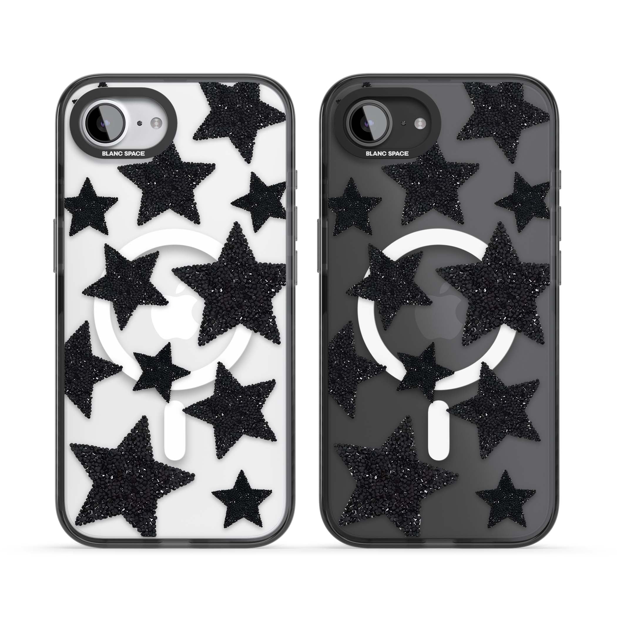 Beaded Black Stars celestial iPhone case featuring black glitter beaded stars scattered on a clear background | Black Impact Magsafe case for iPhone 16e, iPhone 17e