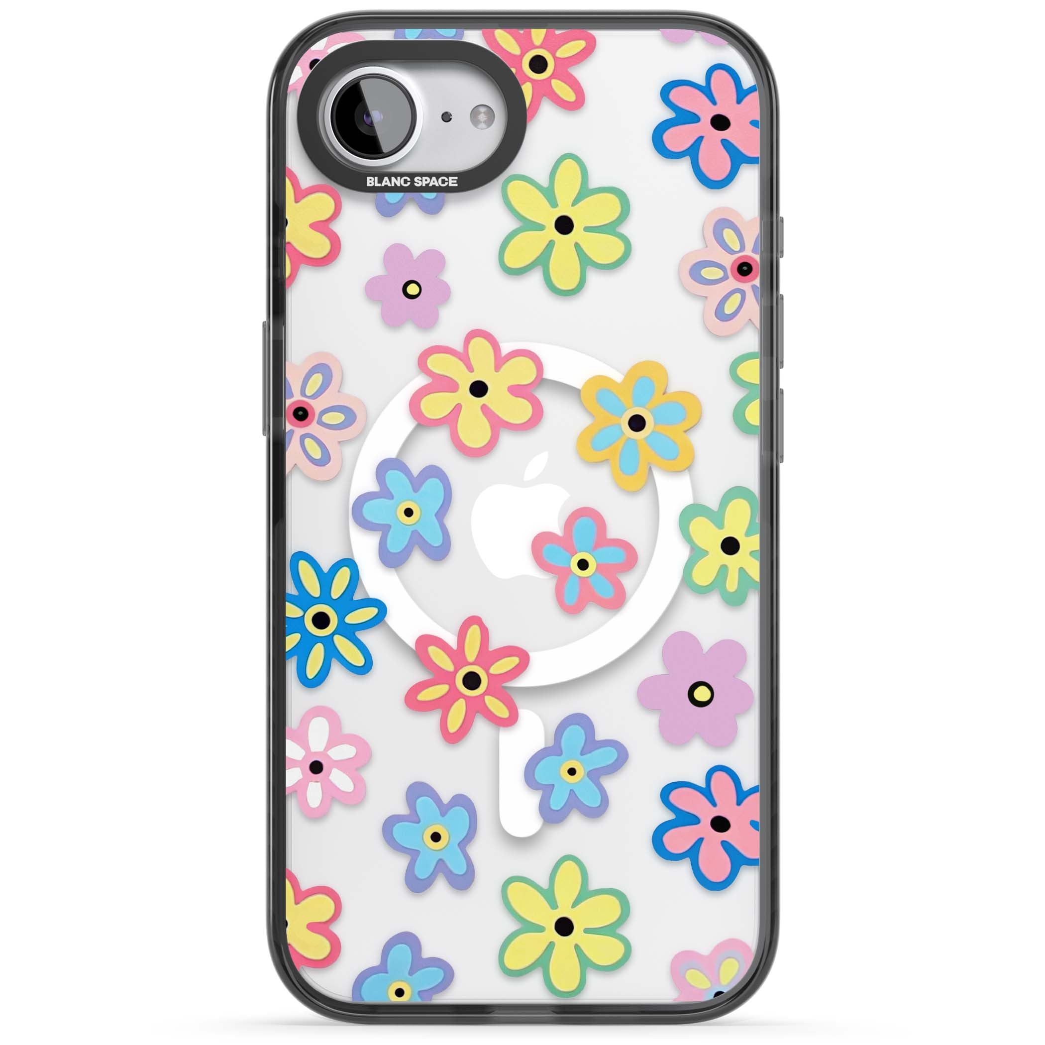 Bloom Pop cottagecore iPhone case featuring multicolor pastel flowers with black centers on clear background | Black Impact Magsafe case for iPhone 16e, iPhone 17e