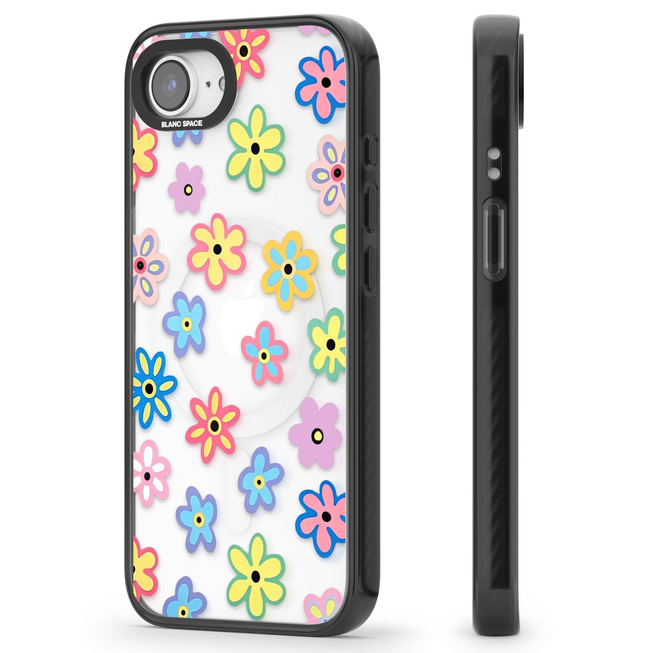 Bloom Pop cottagecore iPhone case featuring multicolor pastel flowers with black centers on clear background | Black Impact Magsafe case for iPhone 16e, iPhone 17e