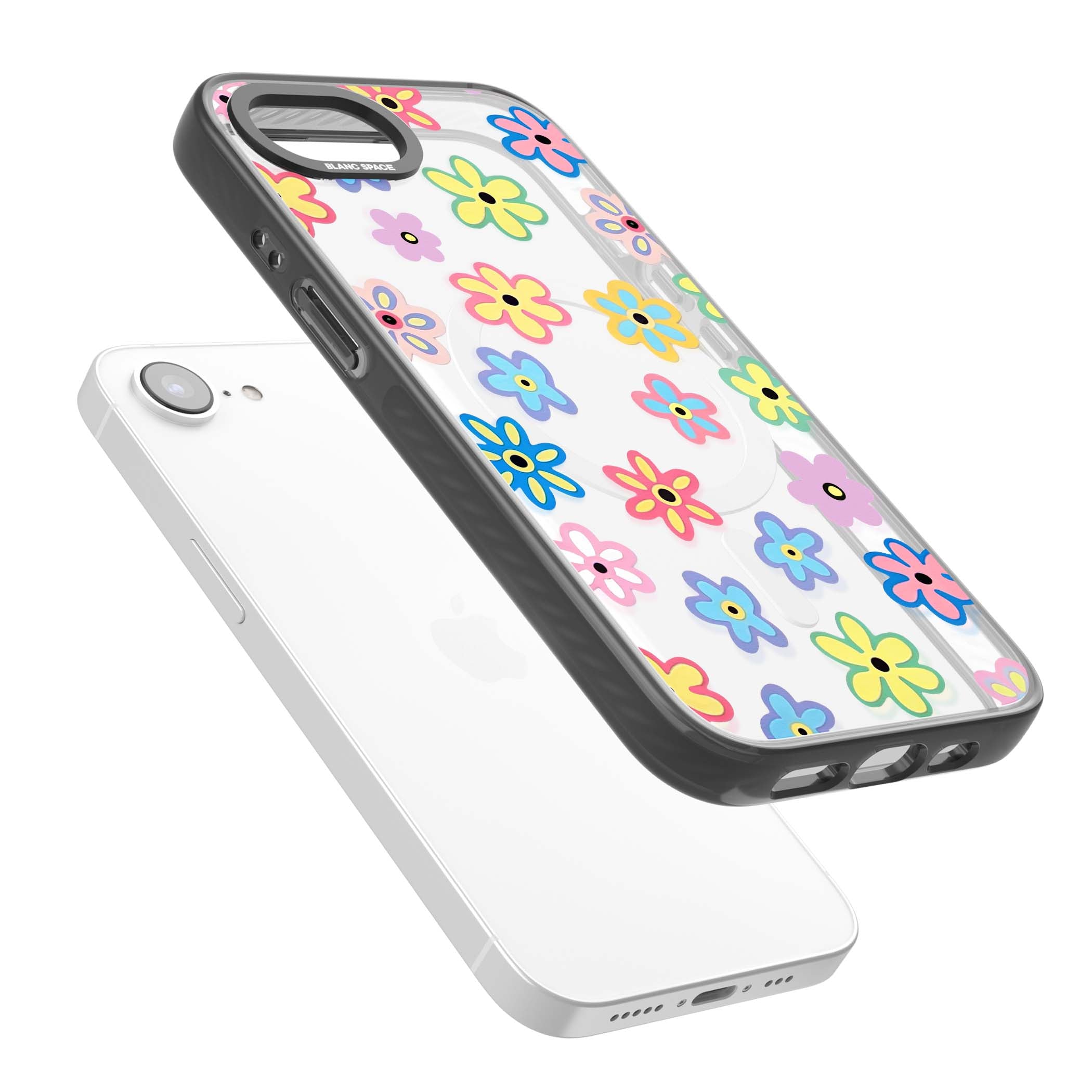 Bloom Pop cottagecore iPhone case featuring multicolor pastel flowers with black centers on clear background | Black Impact Magsafe case for iPhone 16e, iPhone 17e