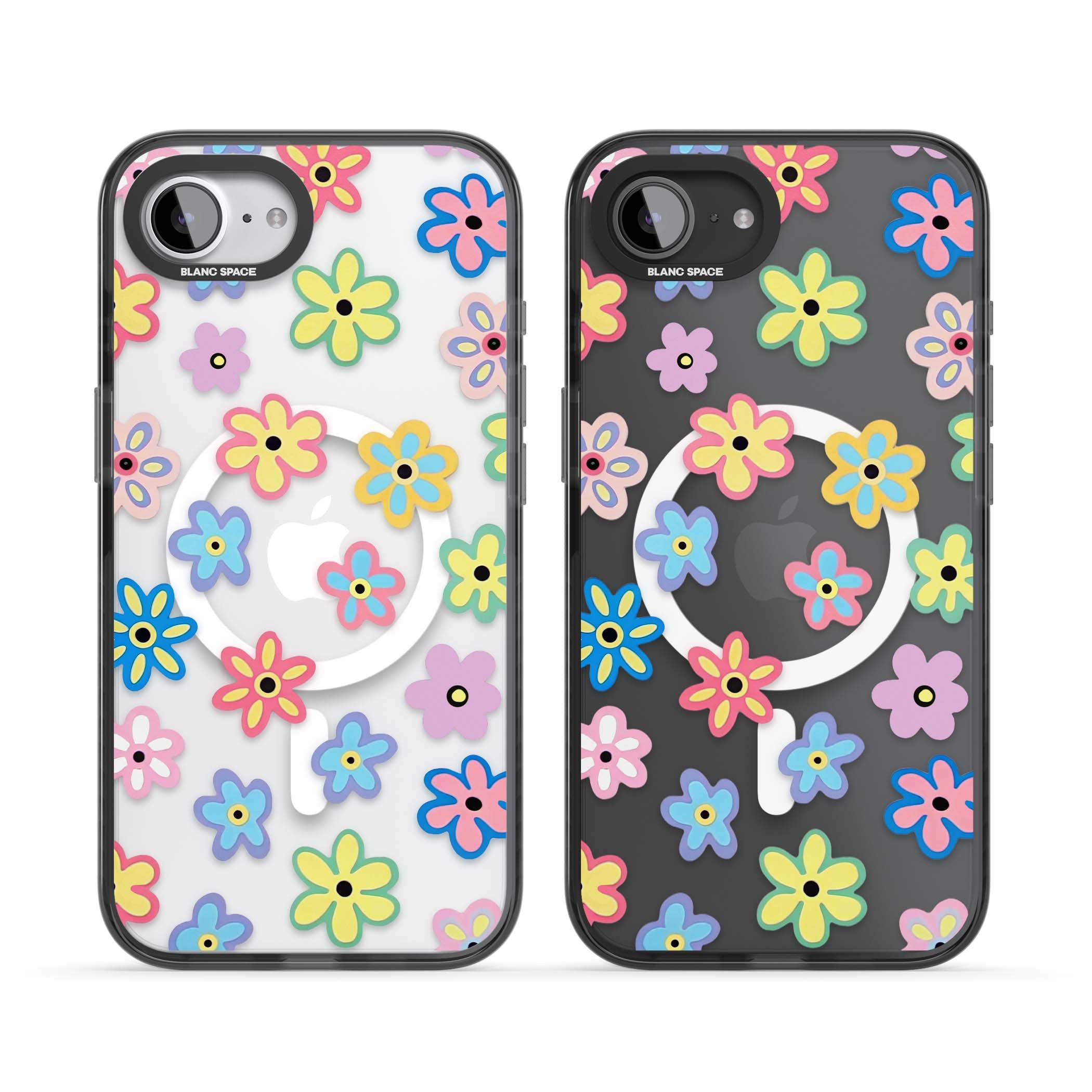 Bloom Pop cottagecore iPhone case featuring multicolor pastel flowers with black centers on clear background | Black Impact Magsafe case for iPhone 16e, iPhone 17e