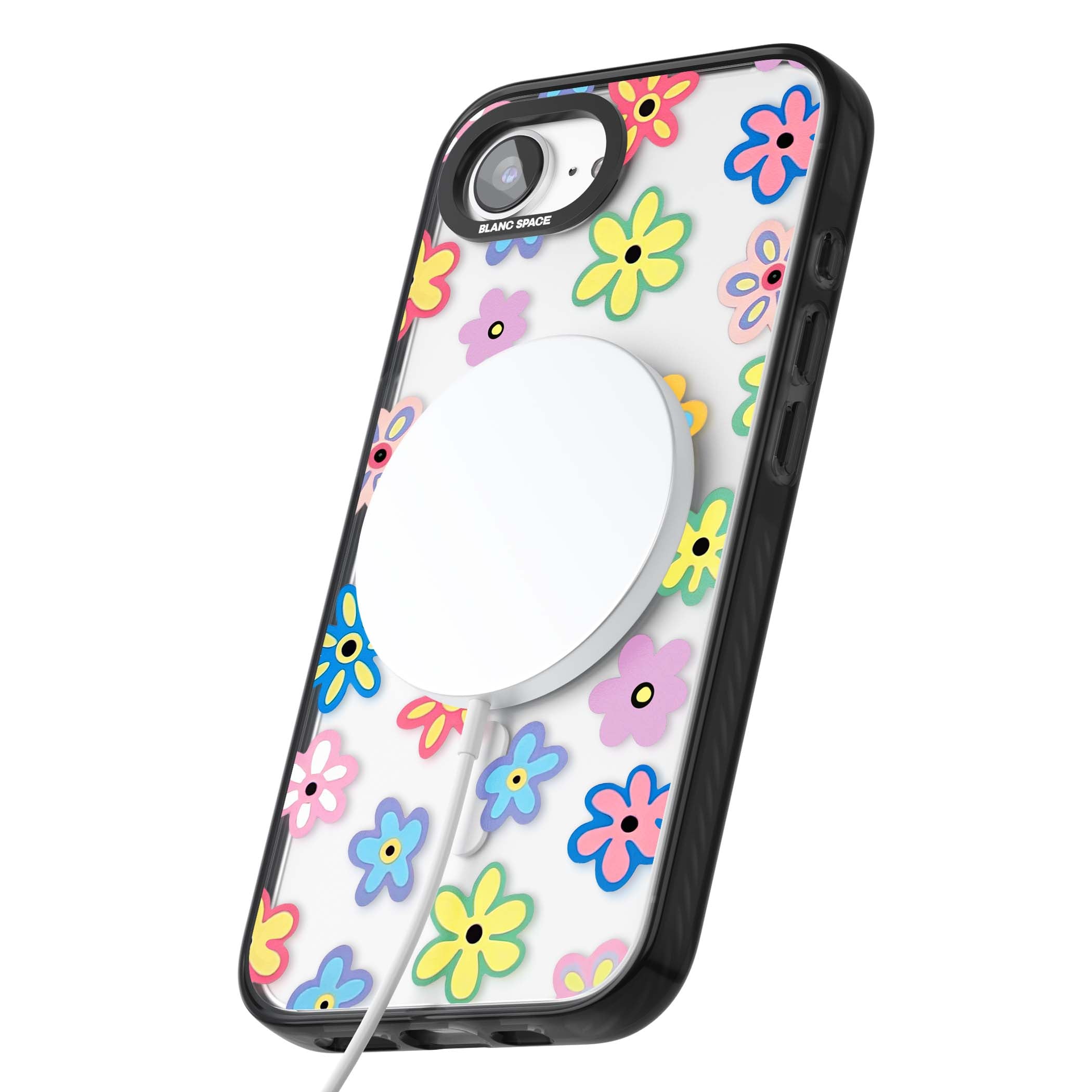 Bloom Pop cottagecore iPhone case featuring multicolor pastel flowers with black centers on clear background | Black Impact Magsafe case for iPhone 16e, iPhone 17e
