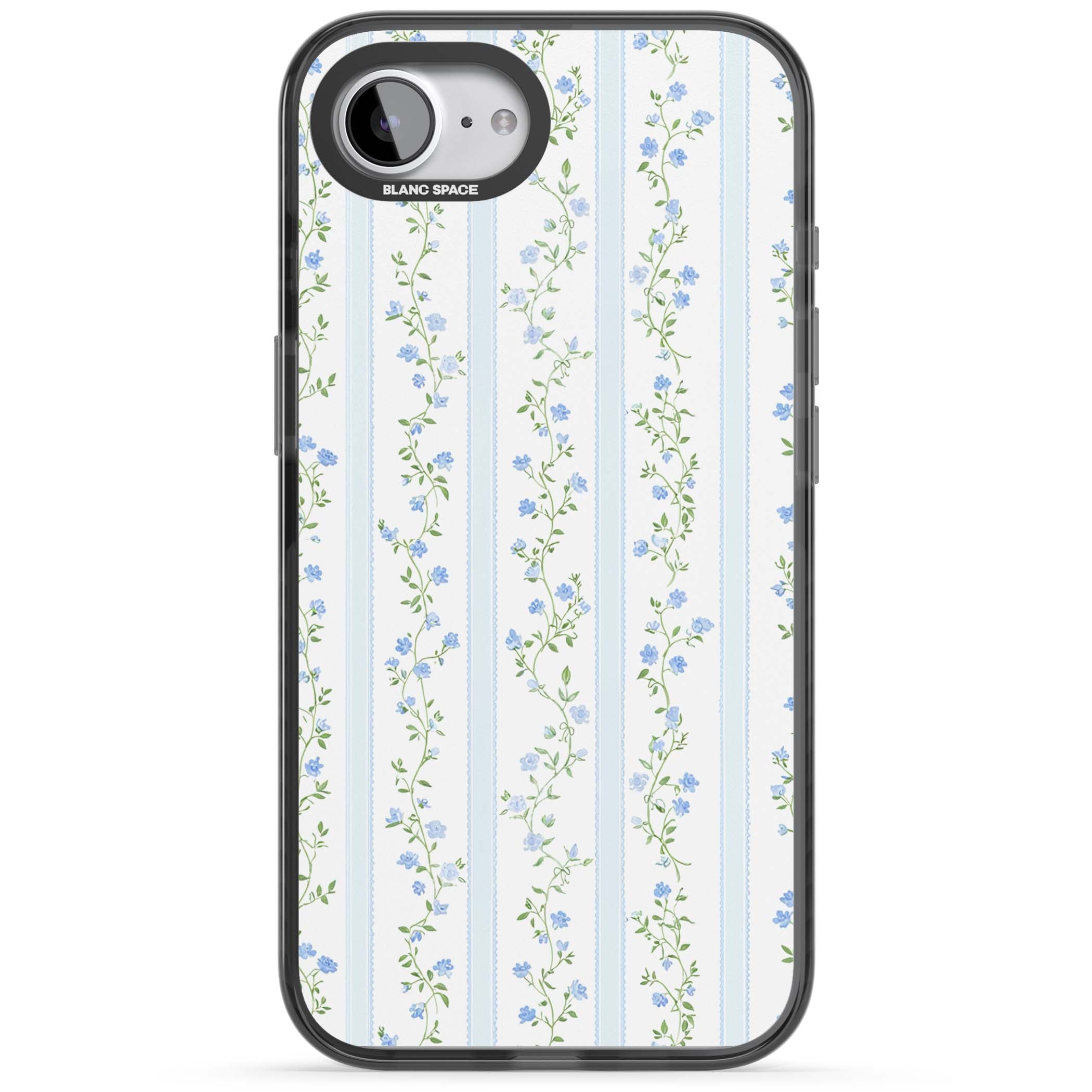 Bluebell Vine cottagecore iPhone case featuring climbing blue roses, trailing green vines, and pale ticking stripes | Black Impact Magsafe case for iPhone 16e, iPhone 17e