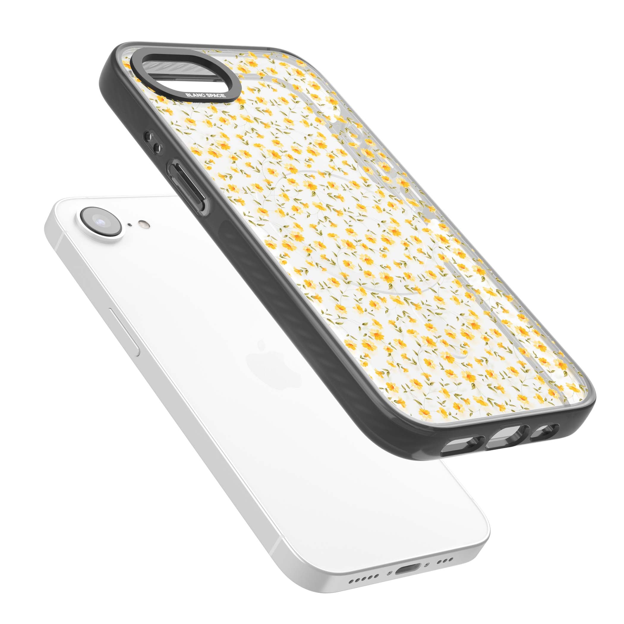 Buttercup wildflower iPhone case featuring tiny yellow flowers and trailing green vines on clear | Black Impact Magsafe case for iPhone 16e, iPhone 17e