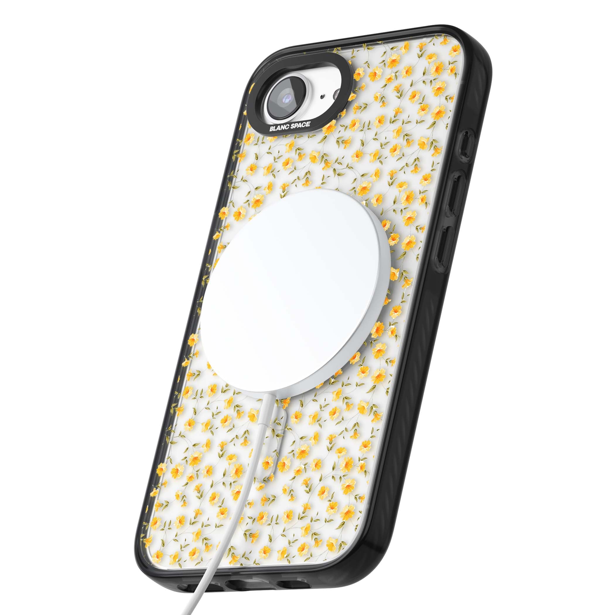 Buttercup wildflower iPhone case featuring tiny yellow flowers and trailing green vines on clear | Black Impact Magsafe case for iPhone 16e, iPhone 17e