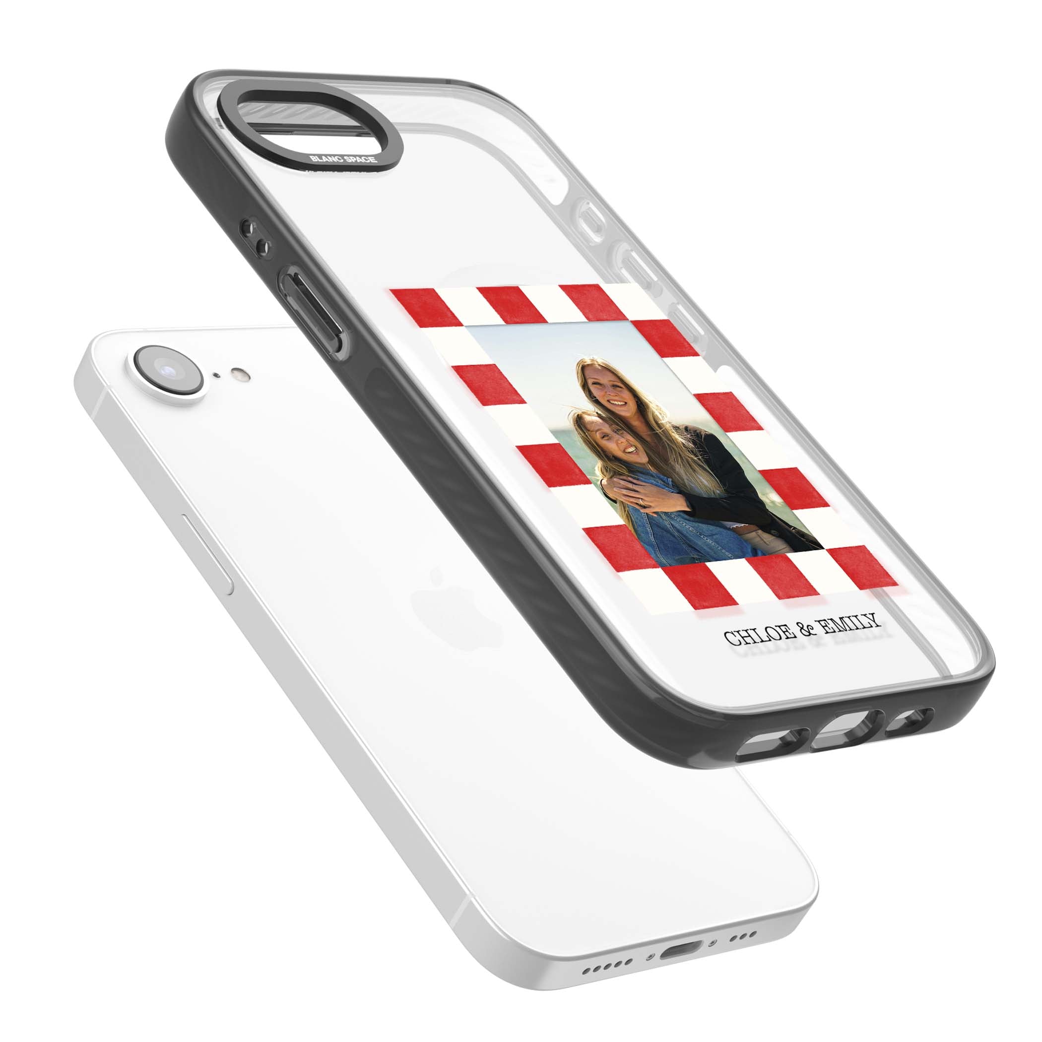 Red Check Photo personalised photo iPhone case with red and white checkered polaroid frame and custom couple name | Black Impact Magsafe case for iPhone 16e, iPhone 17e