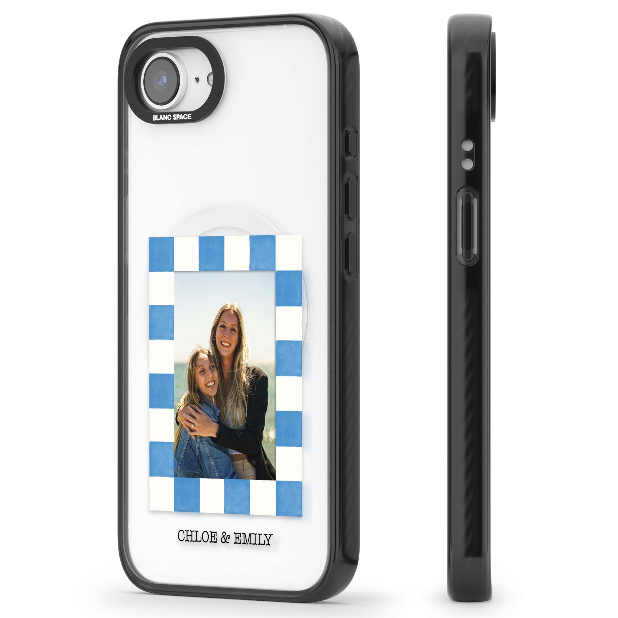 Blue Check Photo personalised photo iPhone case with blue checkered frame and custom couple names | Black Impact Magsafe case for iPhone 16e, iPhone 17e