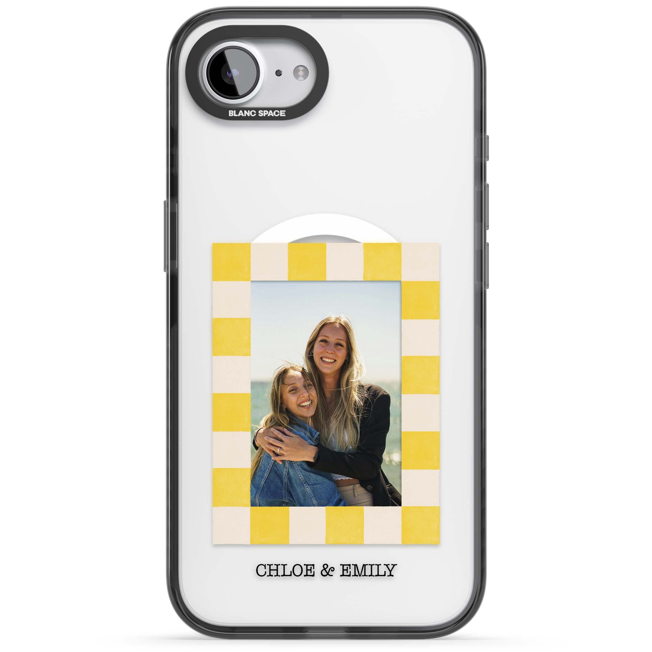 Yellow Check Photo personalised iPhone case with yellow checkered Polaroid frame and custom names beneath | Black Impact Magsafe case for iPhone 16e, iPhone 17e
