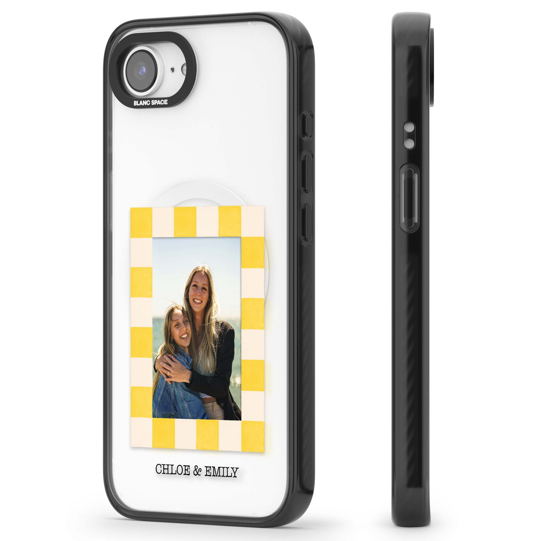 Yellow Check Photo personalised iPhone case with yellow checkered Polaroid frame and custom names beneath | Black Impact Magsafe case for iPhone 16e, iPhone 17e