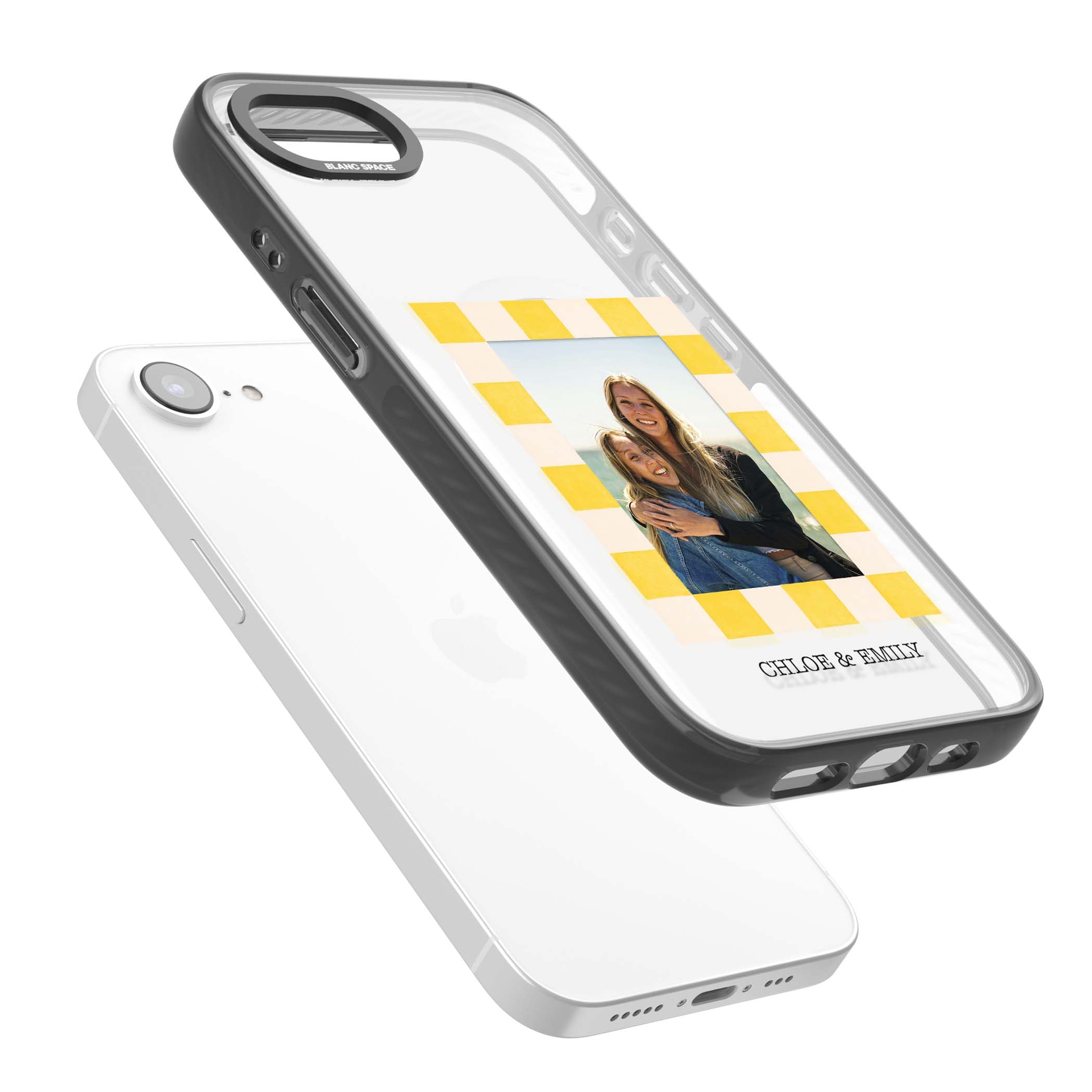 Yellow Check Photo personalised iPhone case with yellow checkered Polaroid frame and custom names beneath | Black Impact Magsafe case for iPhone 16e, iPhone 17e