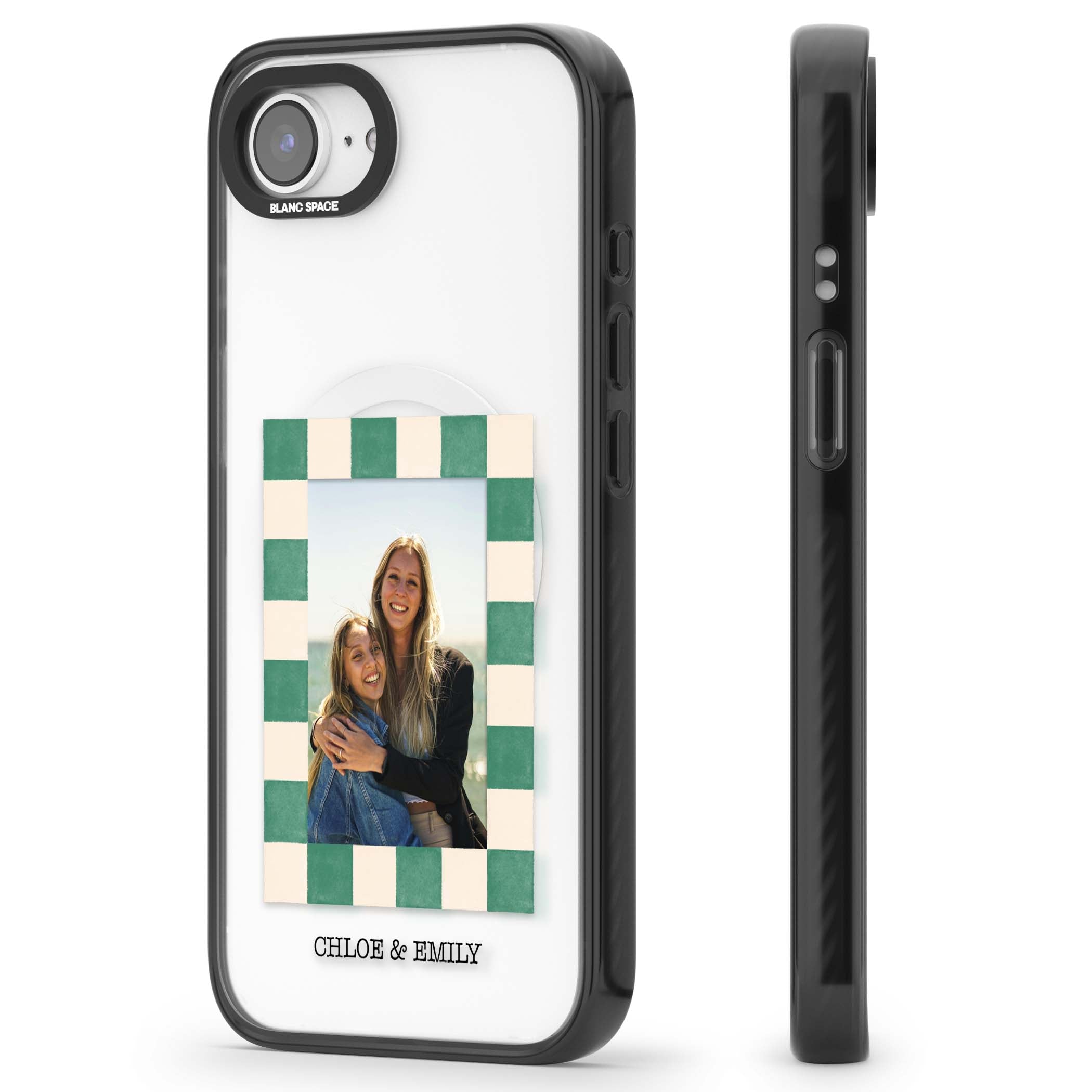 Seafoam Check Photo personalised iPhone case featuring a custom polaroid photo, green and cream checkered frame, and custom n | Black Impact Magsafe case for iPhone 16e, iPhone 17e