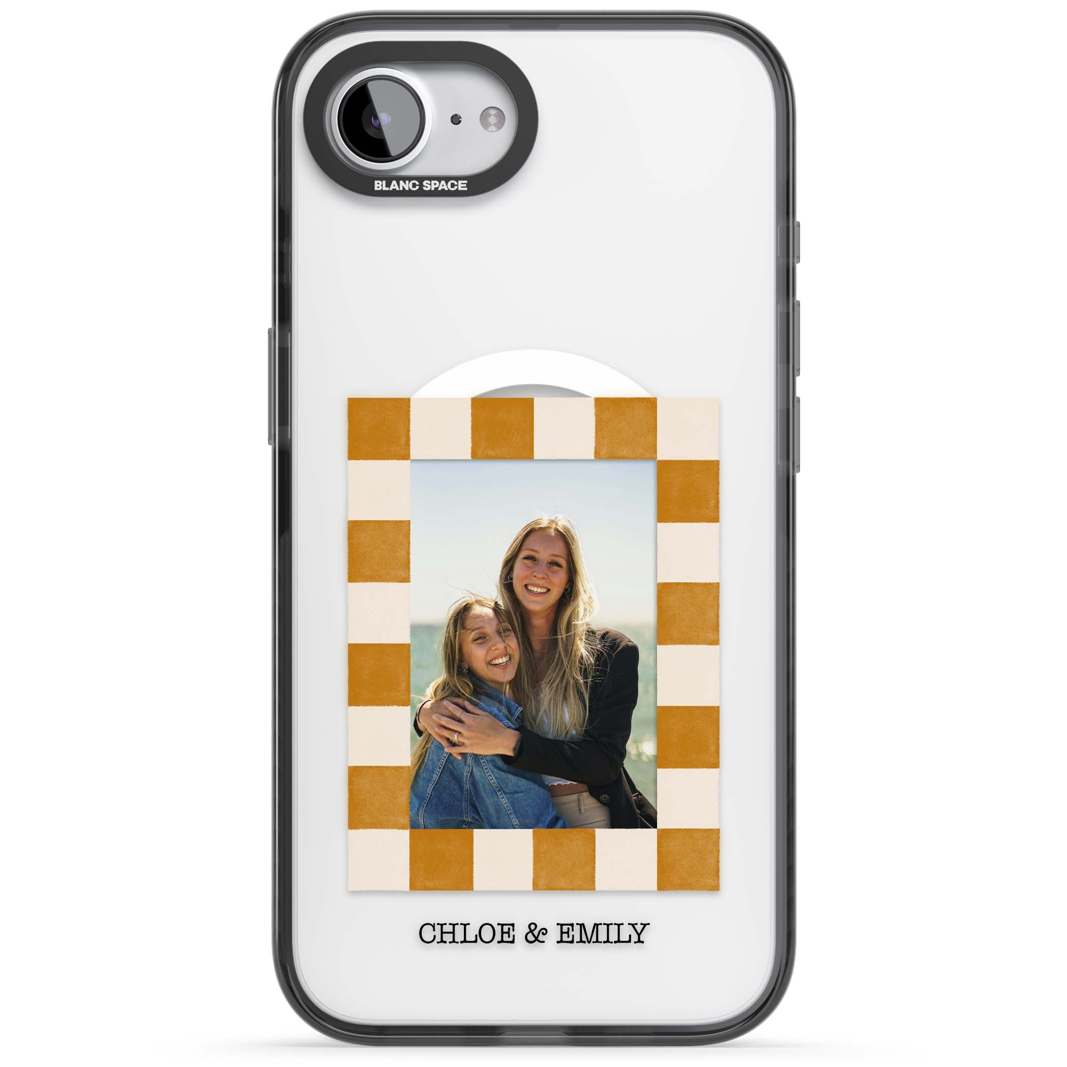 Citrus Check Photo personalised iPhone case with custom photo, orange checkered frame and names underneath | Black Impact Magsafe case for iPhone 16e, iPhone 17e