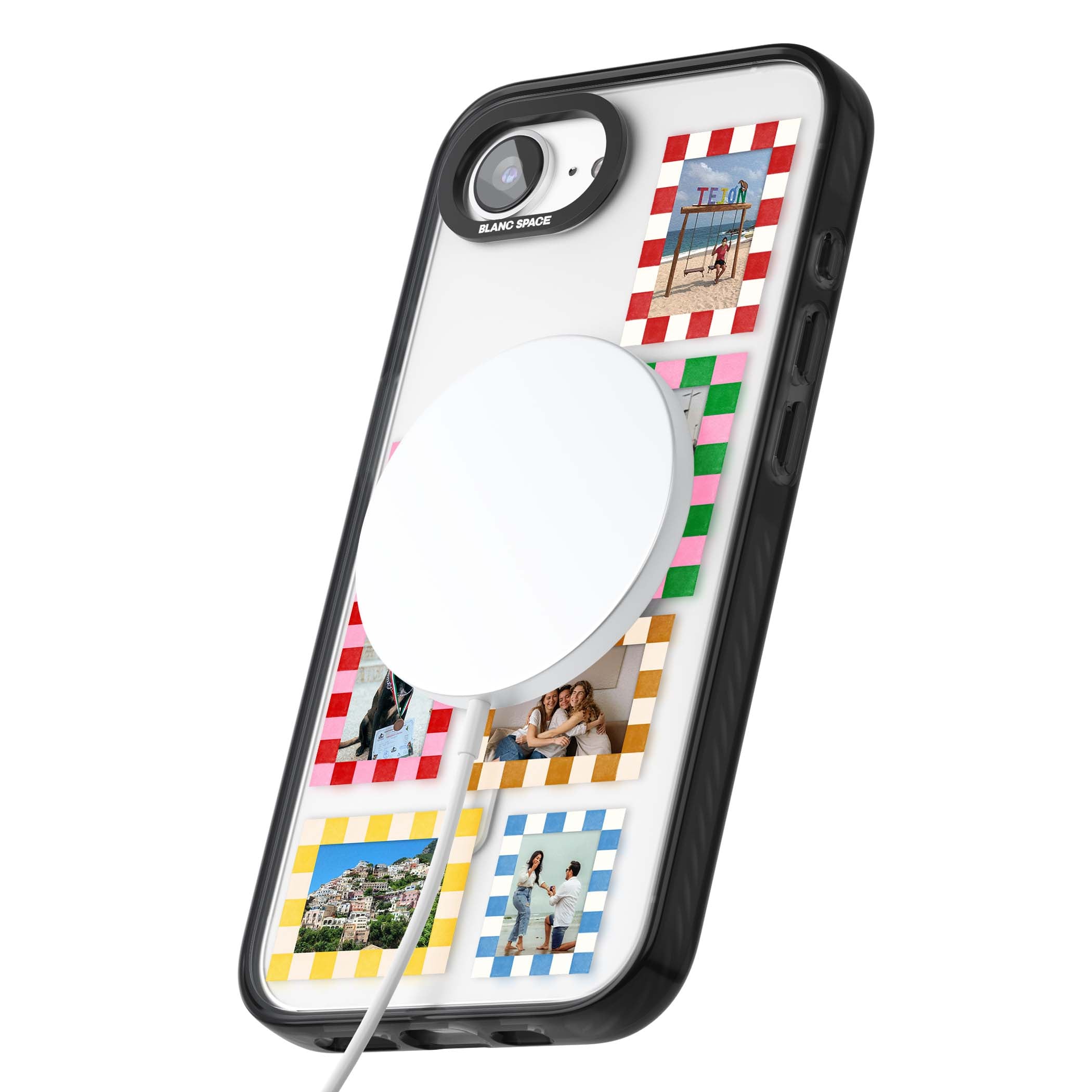 Italian Check Frames custom photo collage iPhone case featuring six checkered photo frames in red, green, pink and | Black Impact Magsafe case for iPhone 16e, iPhone 17e