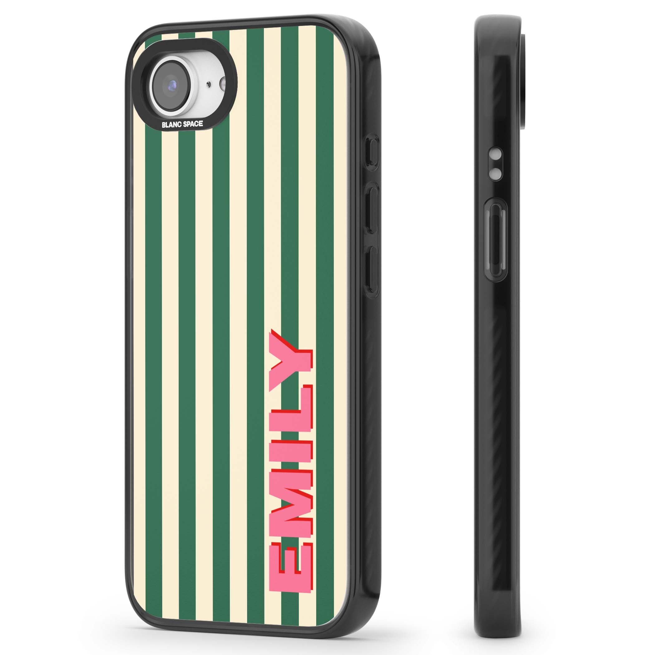 Wimbledon Stripe preppy iPhone case featuring green and cream vertical stripes with a personalised pink name | Black Impact Magsafe case for iPhone 16e, iPhone 17e