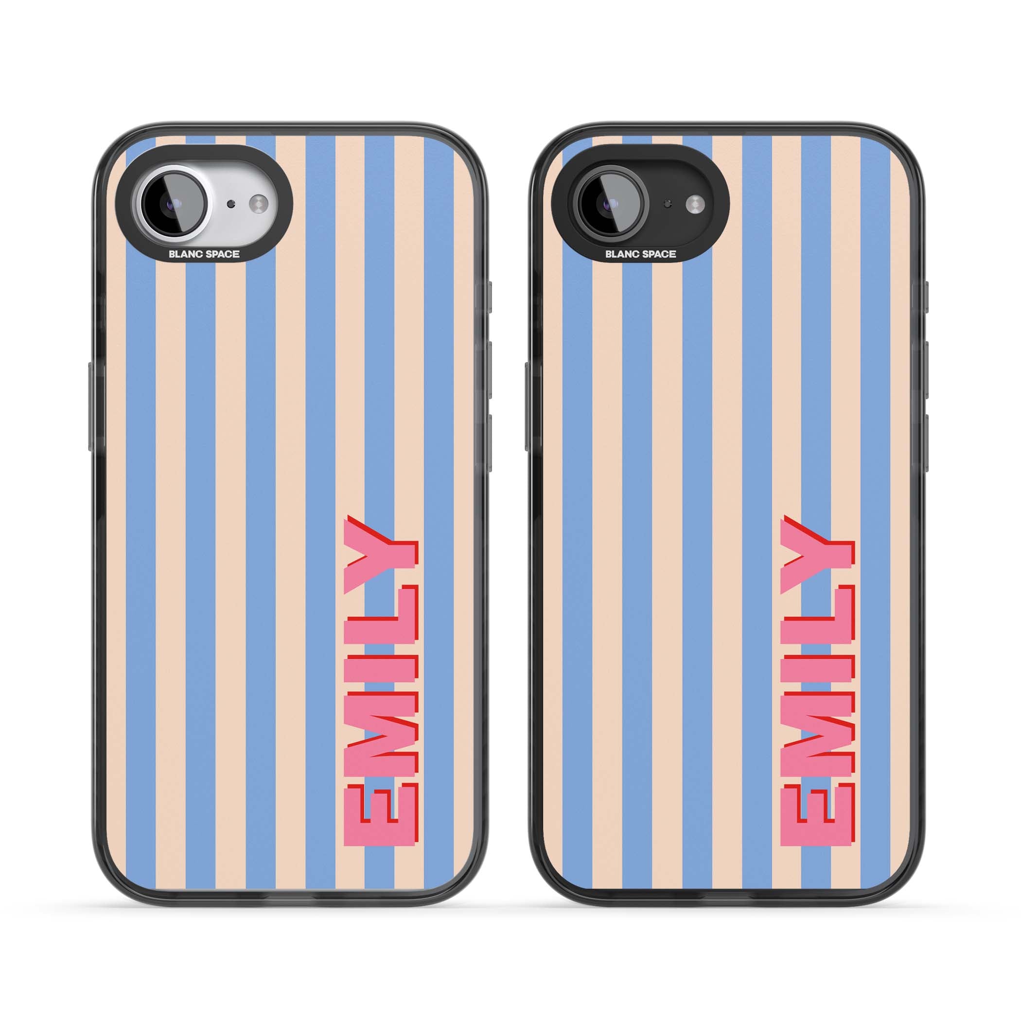 Coastal Stripe personalised coastal iPhone case with blue and peach vertical stripes and custom pink name | Black Impact Magsafe case for iPhone 16e, iPhone 17e