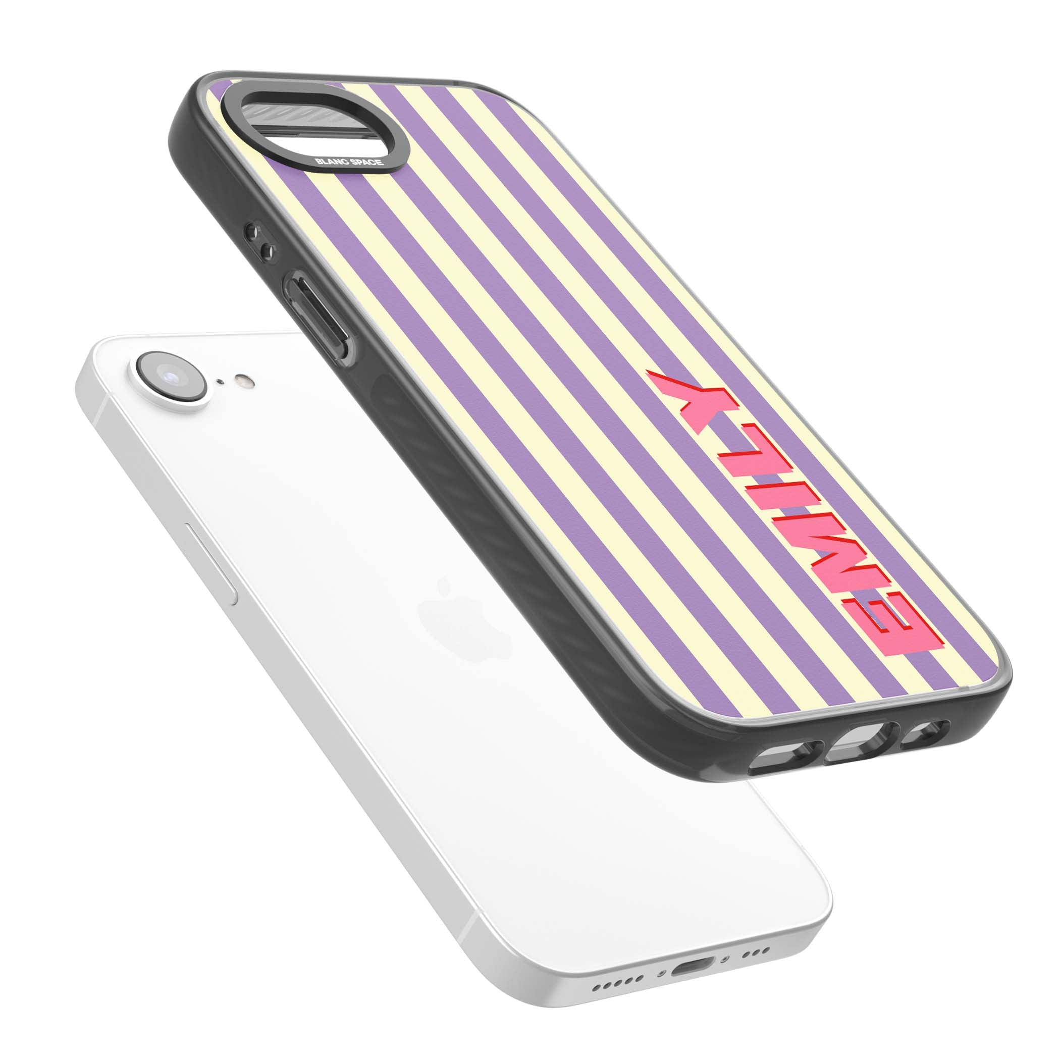 Valensole Stripe personalised iPhone case with purple and cream vertical stripes and pink custom name | Black Impact Magsafe case for iPhone 16e, iPhone 17e