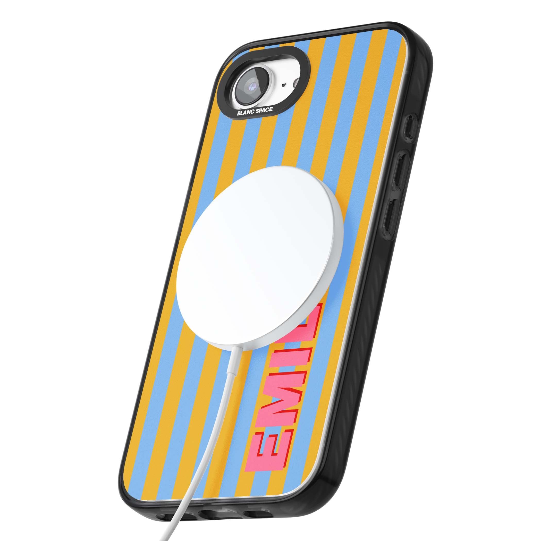 Carribean Stripe personalised coastal iPhone case with yellow and blue vertical stripes and a custom pink name | Black Impact Magsafe case for iPhone 16e, iPhone 17e