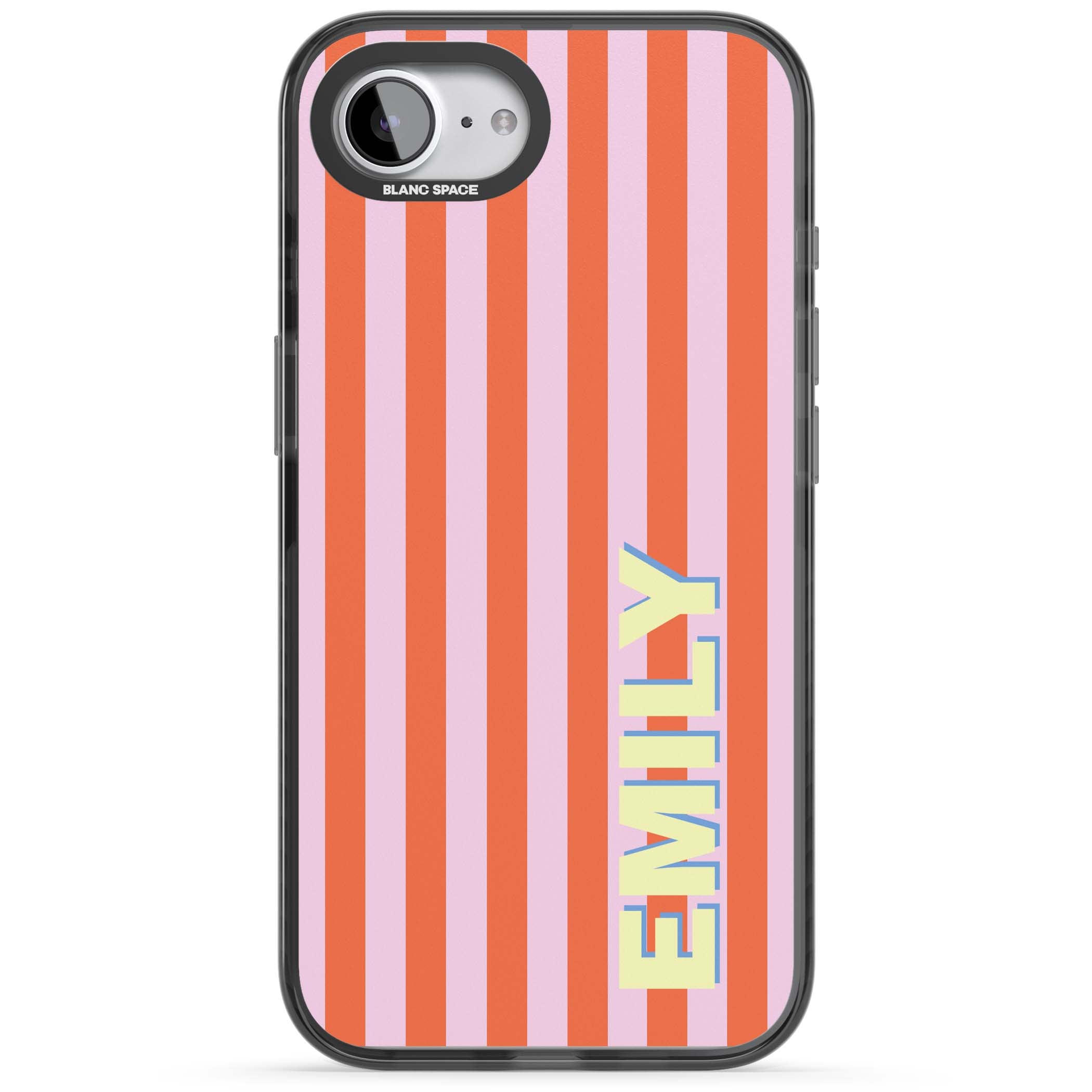 Havana Stripe personalised iPhone case featuring pink and orange vertical stripes with a custom yellow name | Black Impact Magsafe case for iPhone 16e, iPhone 17e