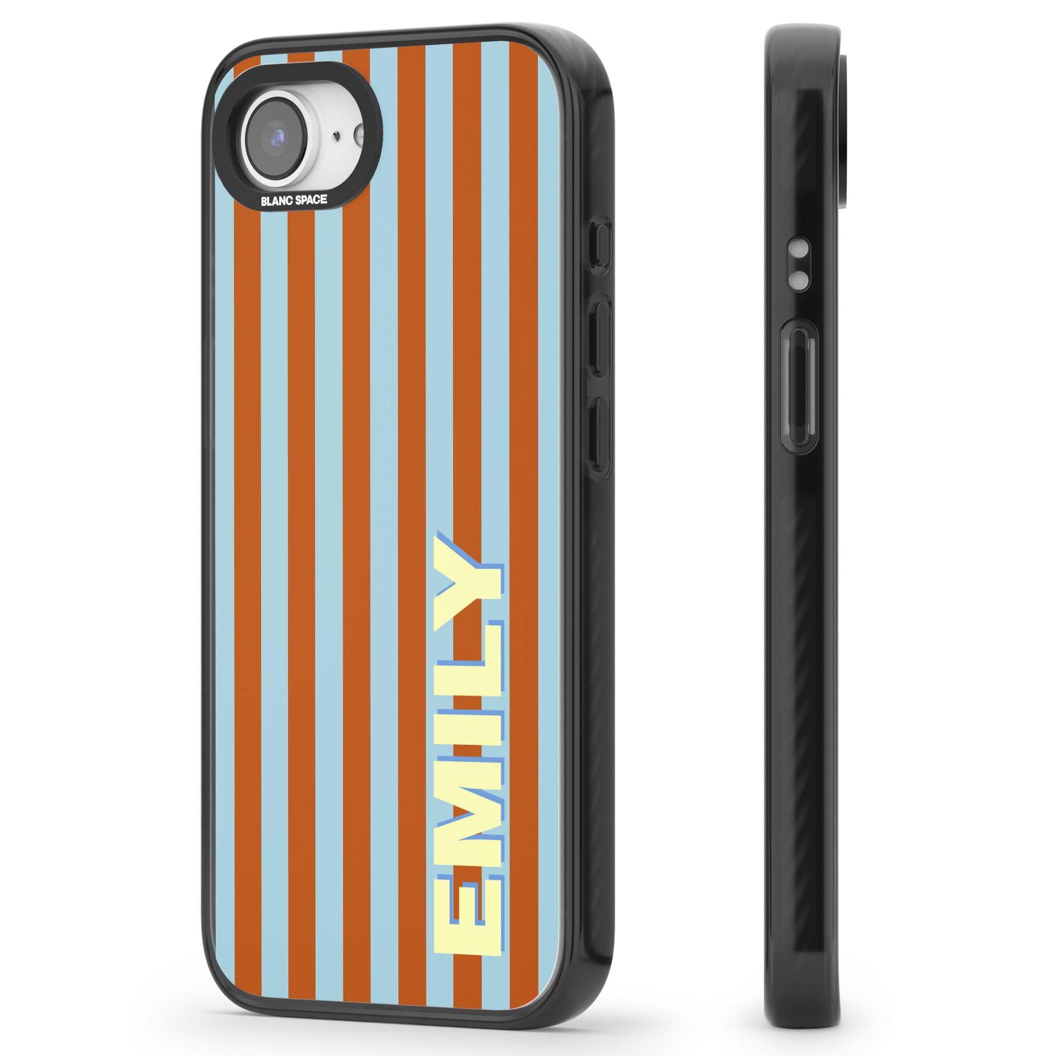 Cappadocia Stripe personalised coastal iPhone case featuring blue and orange vertical stripes with custom cream name | Black Impact Magsafe case for iPhone 16e, iPhone 17e