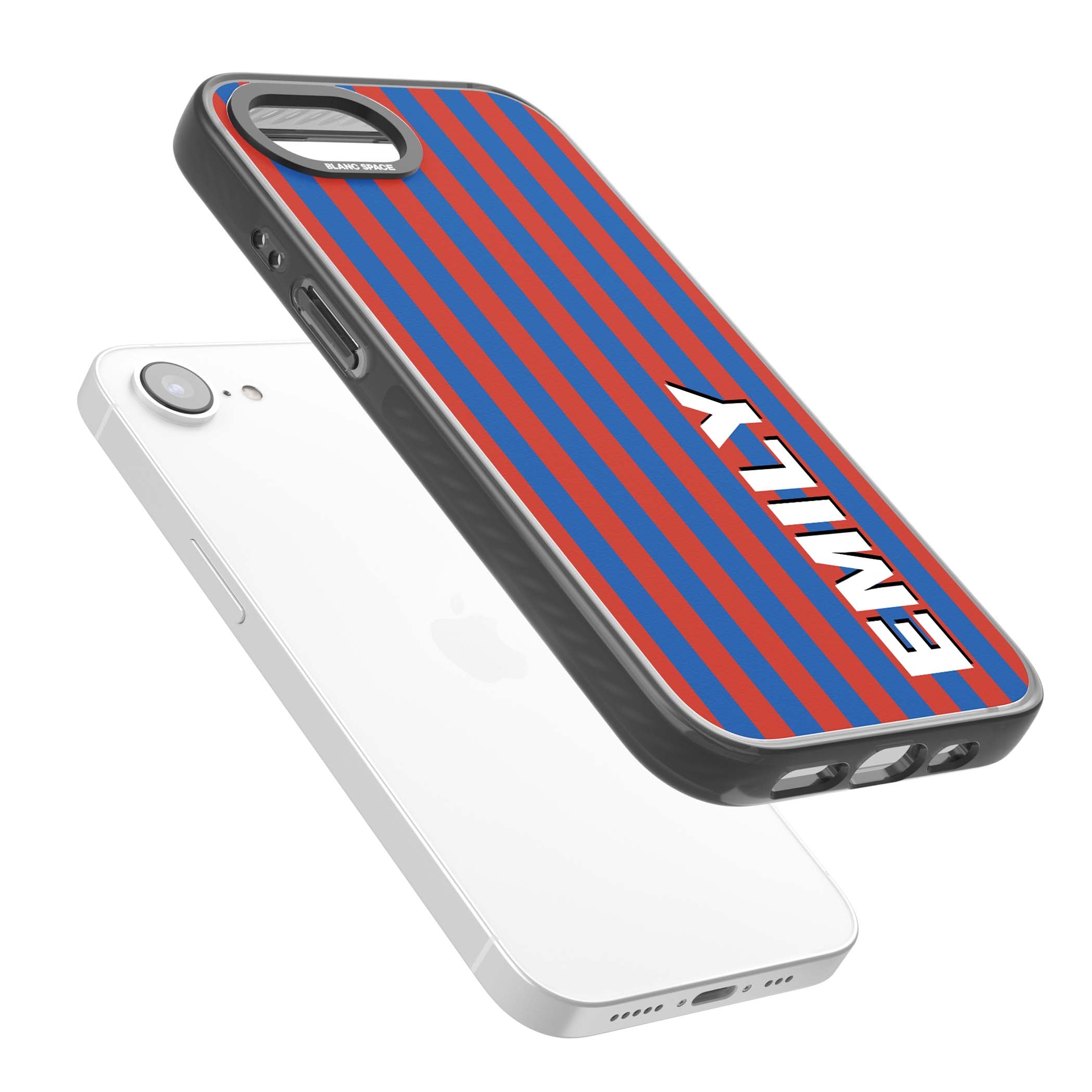 Cuban Stripe personalised iPhone case featuring red and blue vertical stripes with custom name in bold white letters | Black Impact Magsafe case for iPhone 16e, iPhone 17e
