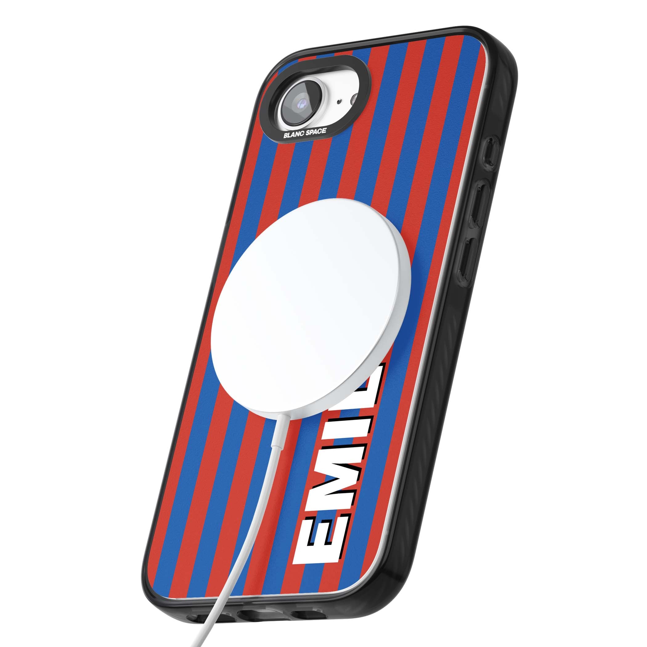 Cuban Stripe personalised iPhone case featuring red and blue vertical stripes with custom name in bold white letters | Black Impact Magsafe case for iPhone 16e, iPhone 17e