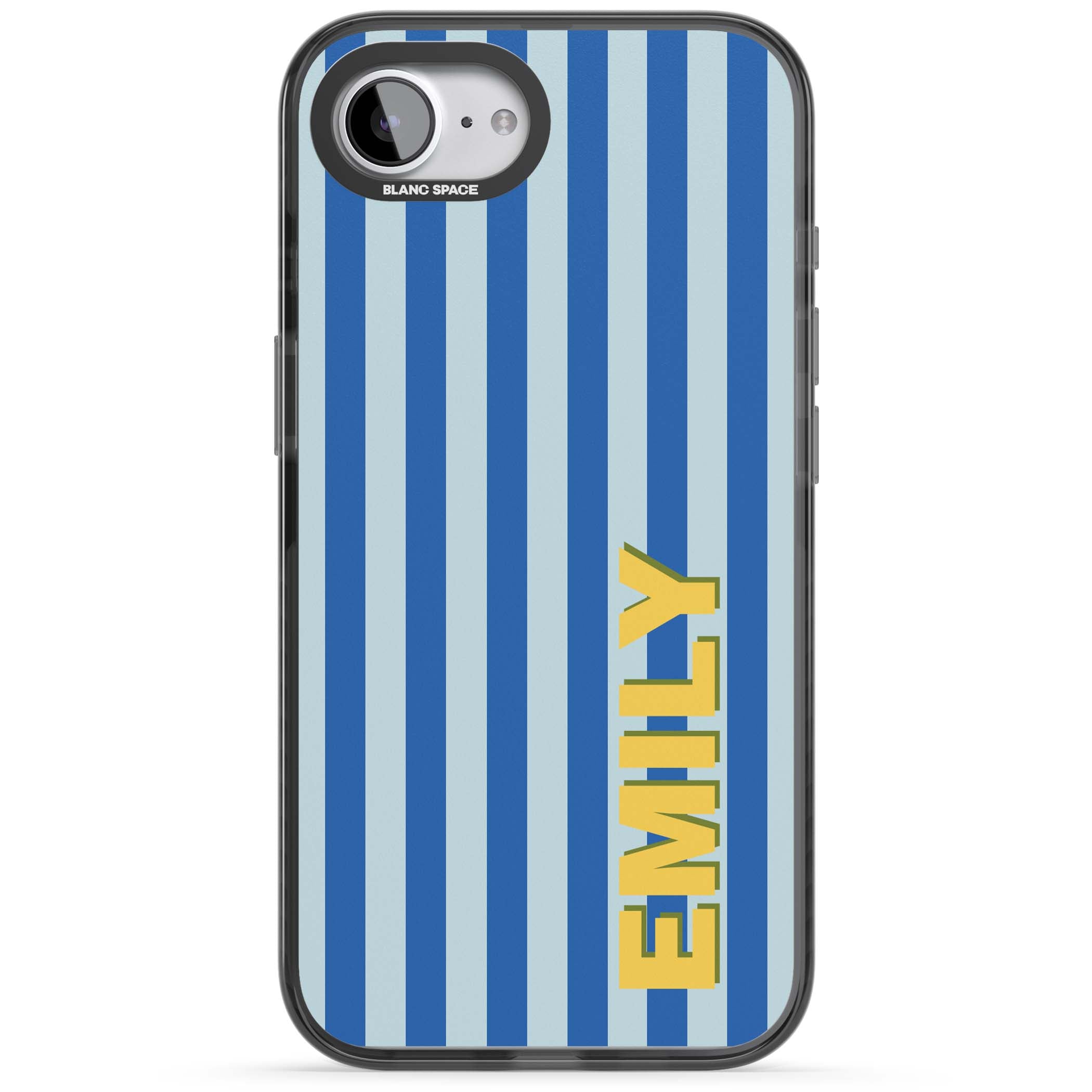 Athenian Stripe personalised preppy iPhone case featuring blue vertical stripes and a custom yellow name | Black Impact Magsafe case for iPhone 16e, iPhone 17e