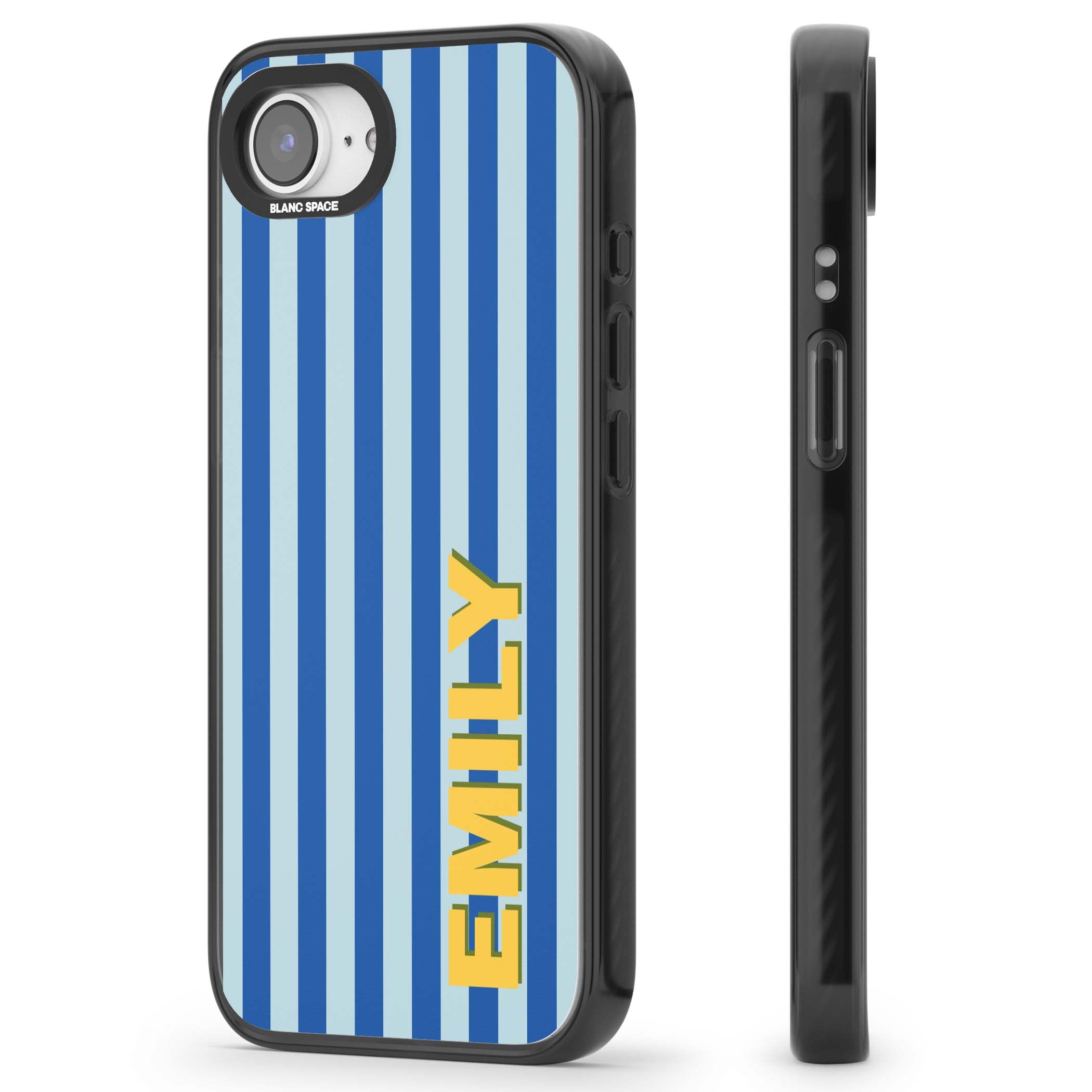 Athenian Stripe personalised preppy iPhone case featuring blue vertical stripes and a custom yellow name | Black Impact Magsafe case for iPhone 16e, iPhone 17e