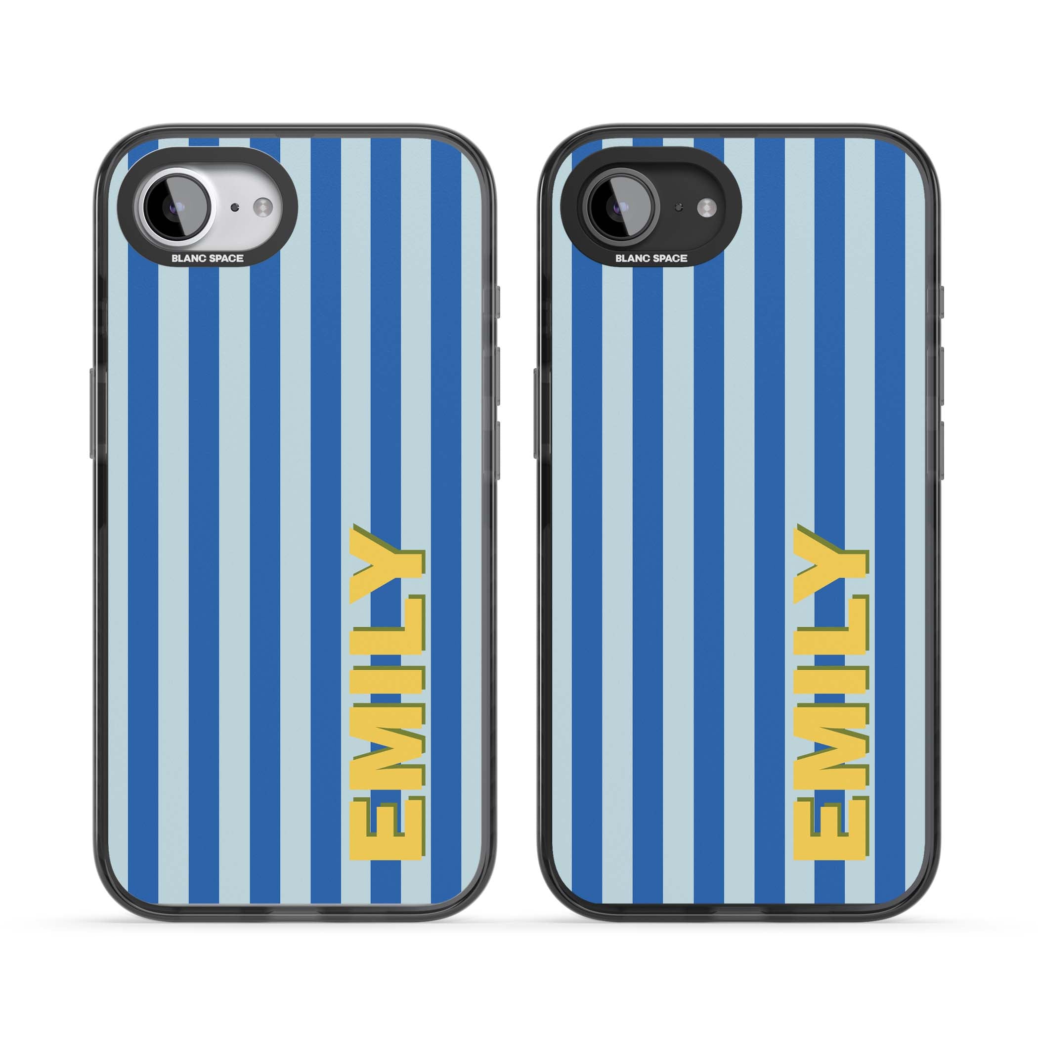 Athenian Stripe personalised preppy iPhone case featuring blue vertical stripes and a custom yellow name | Black Impact Magsafe case for iPhone 16e, iPhone 17e