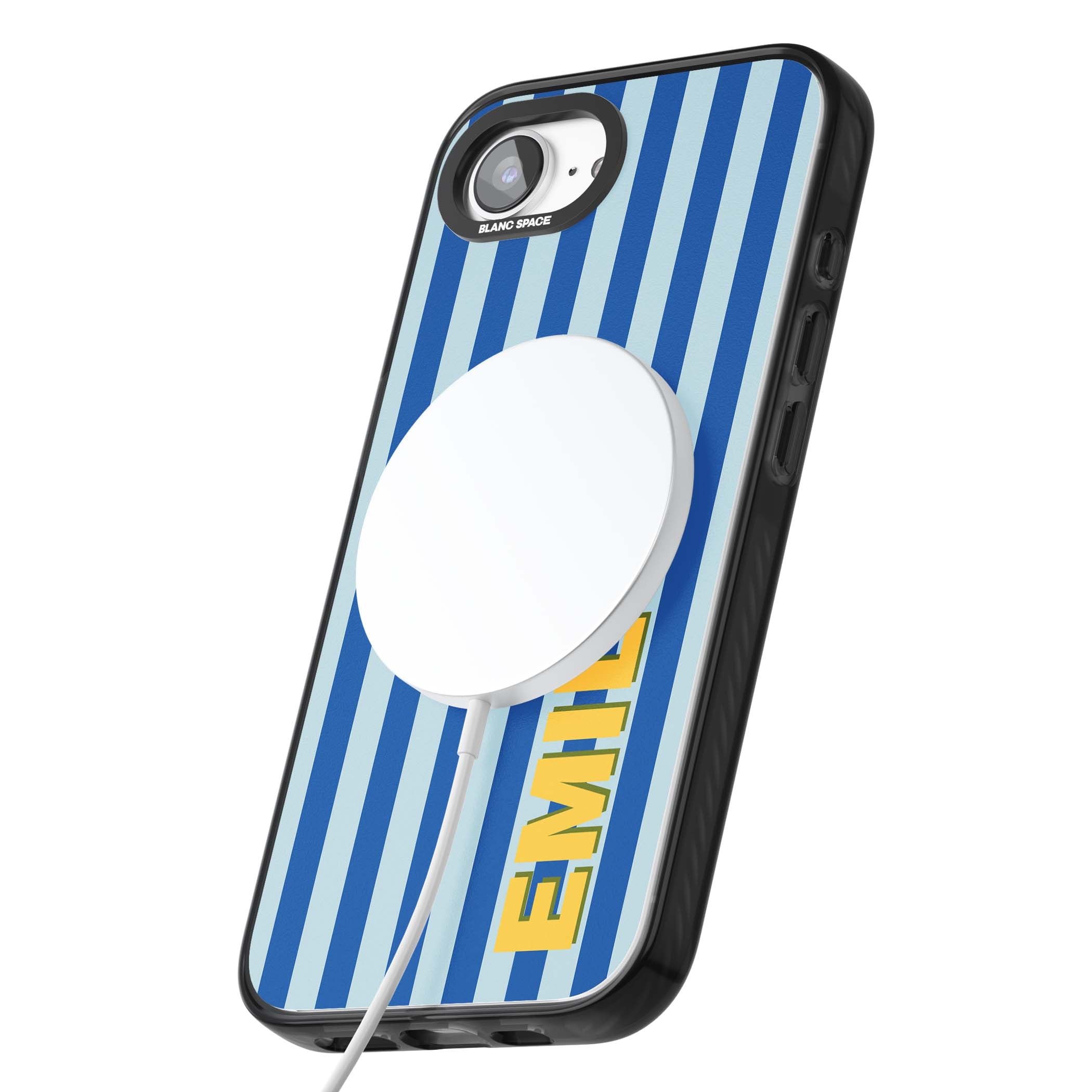 Athenian Stripe personalised preppy iPhone case featuring blue vertical stripes and a custom yellow name | Black Impact Magsafe case for iPhone 16e, iPhone 17e
