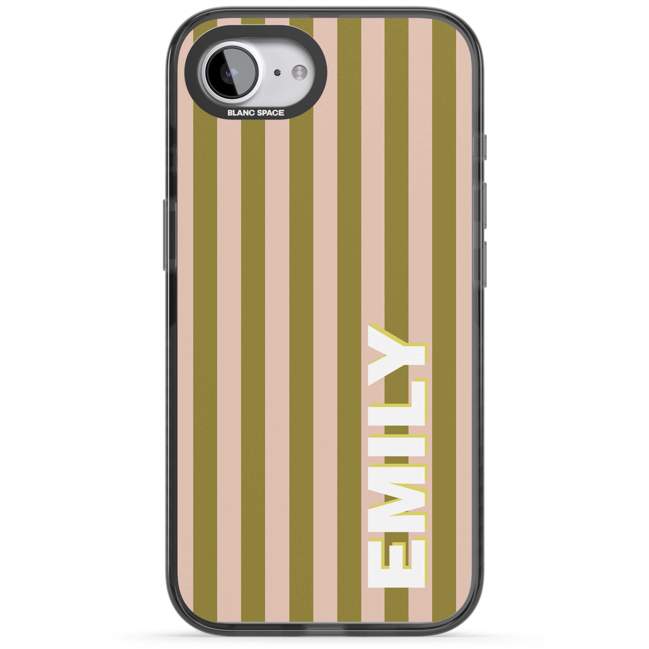 Indian Stripe personalised iPhone case featuring olive green and blush pink vertical stripes with custom name in whit | Black Impact Magsafe case for iPhone 16e, iPhone 17e