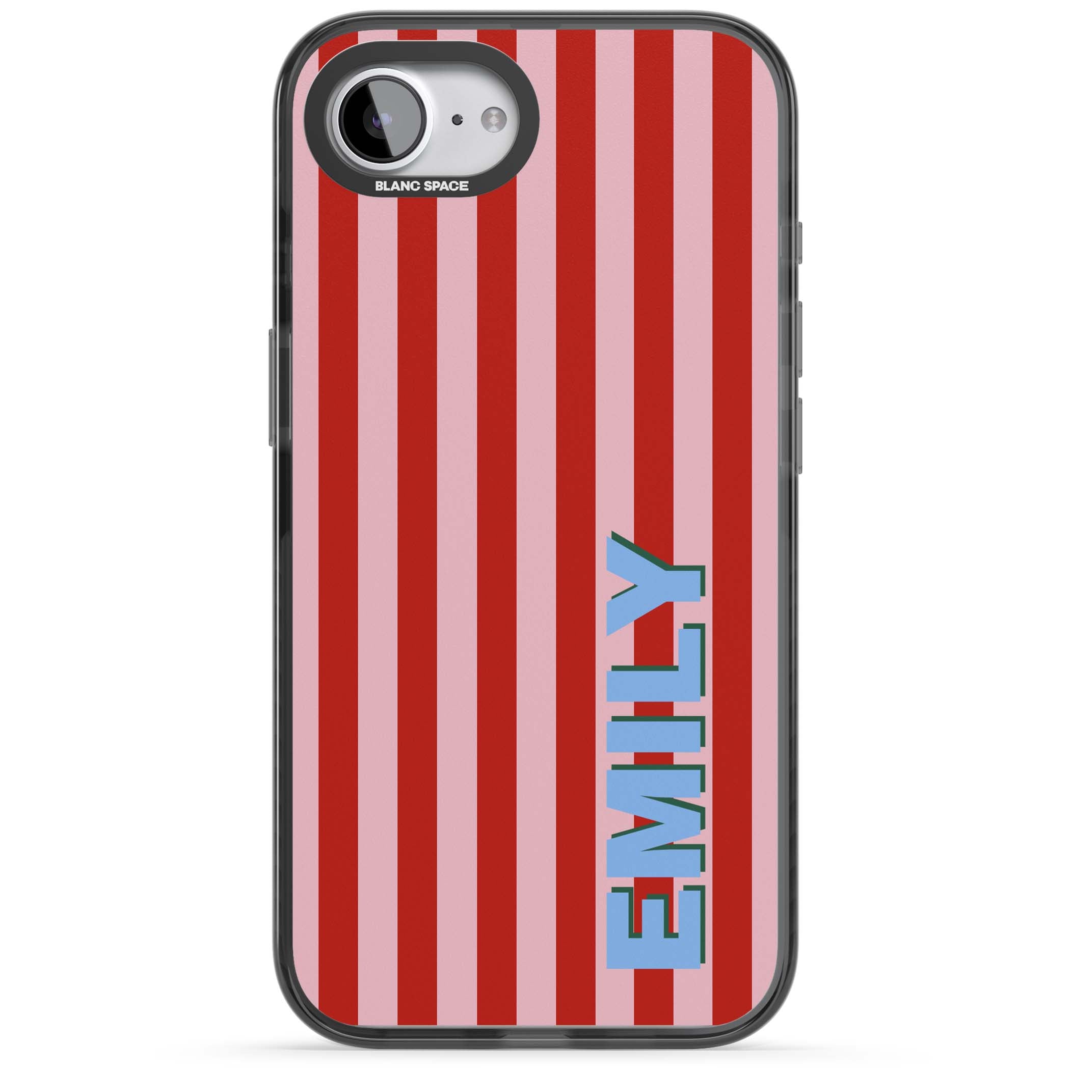 Market Stripe personalised iPhone case with red and pink vertical stripes and custom blue name | Black Impact Magsafe case for iPhone 16e, iPhone 17e