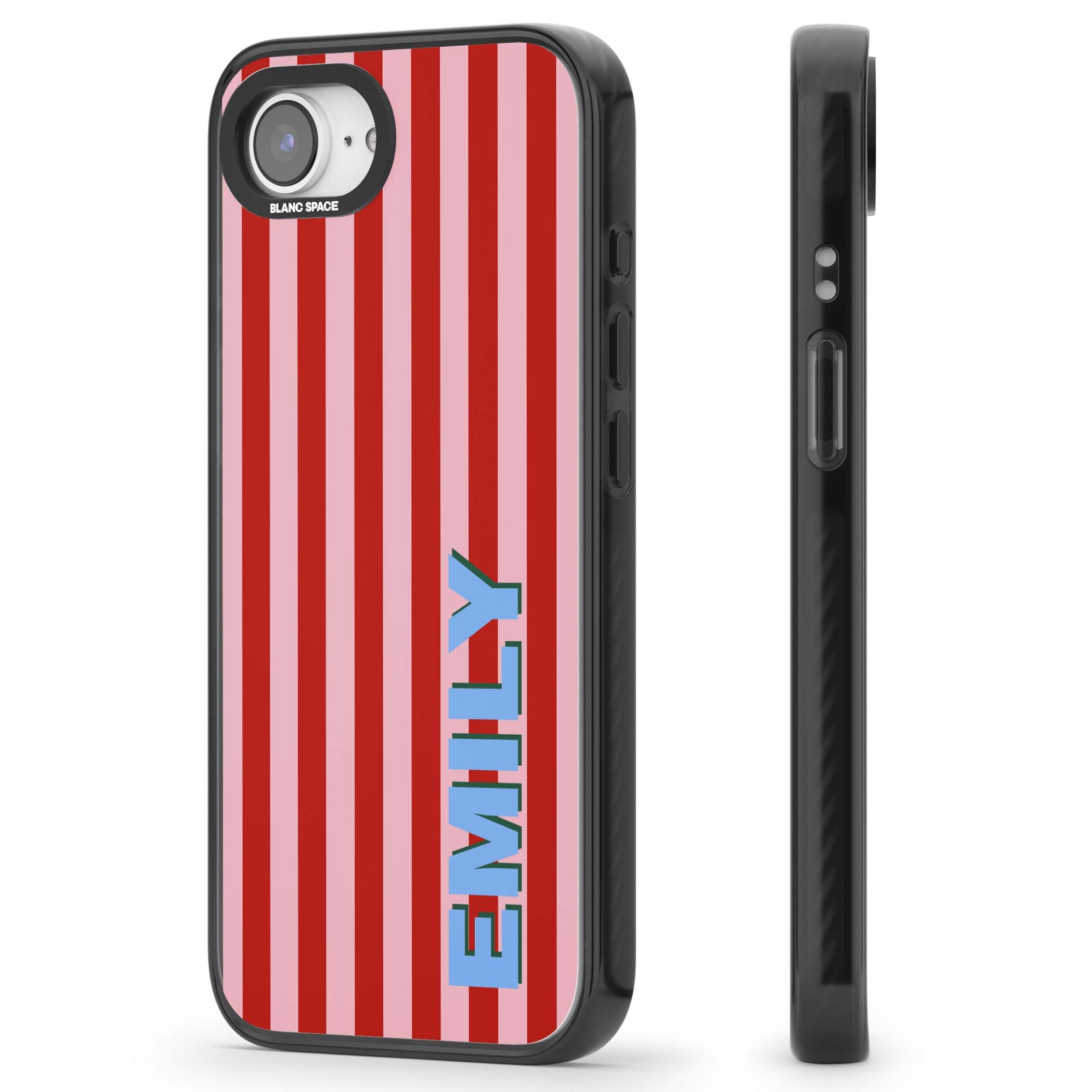 Market Stripe personalised iPhone case with red and pink vertical stripes and custom blue name | Black Impact Magsafe case for iPhone 16e, iPhone 17e