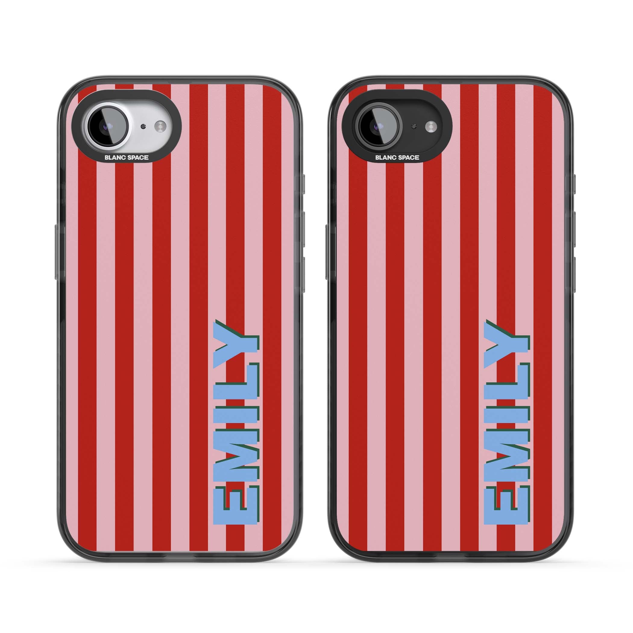 Market Stripe personalised iPhone case with red and pink vertical stripes and custom blue name | Black Impact Magsafe case for iPhone 16e, iPhone 17e