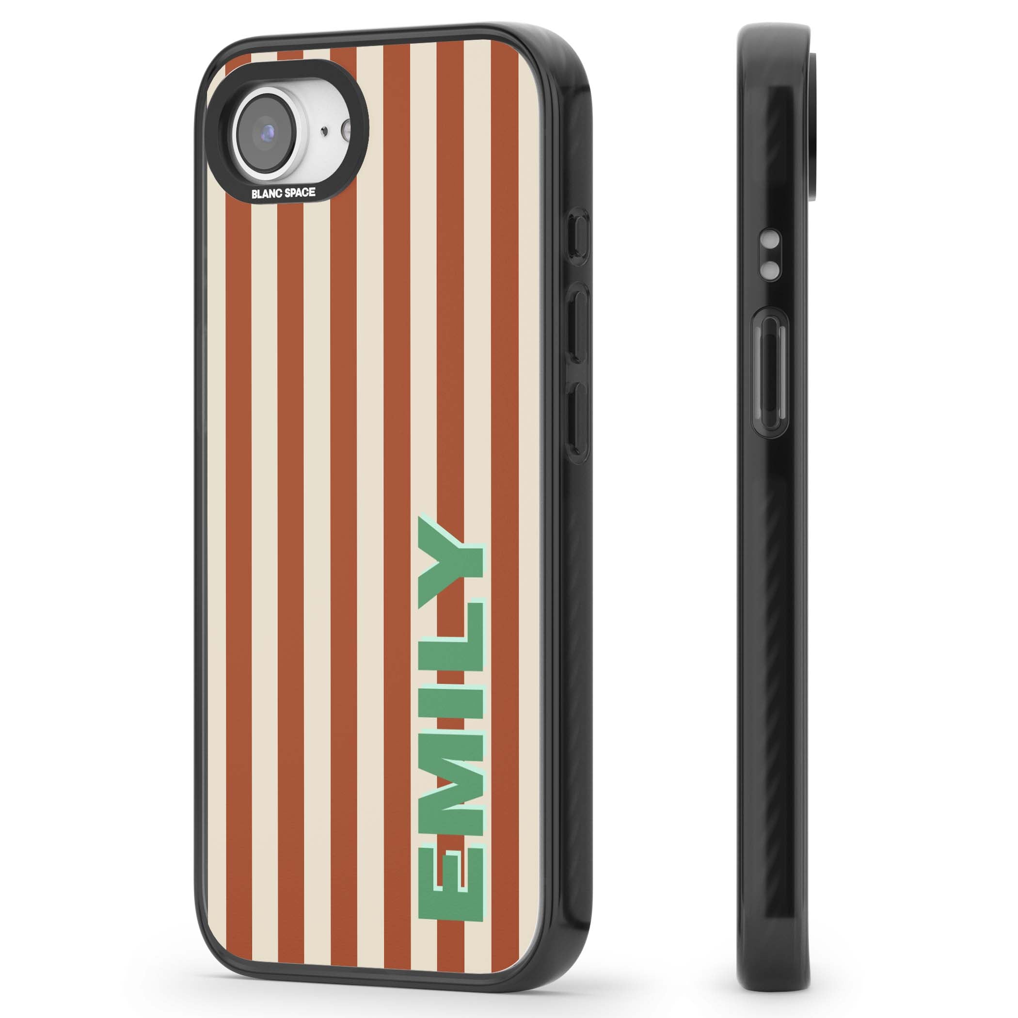 Dune Stripe personalised iPhone case with rust and cream vertical stripes and custom name in mint green | Black Impact Magsafe case for iPhone 16e, iPhone 17e