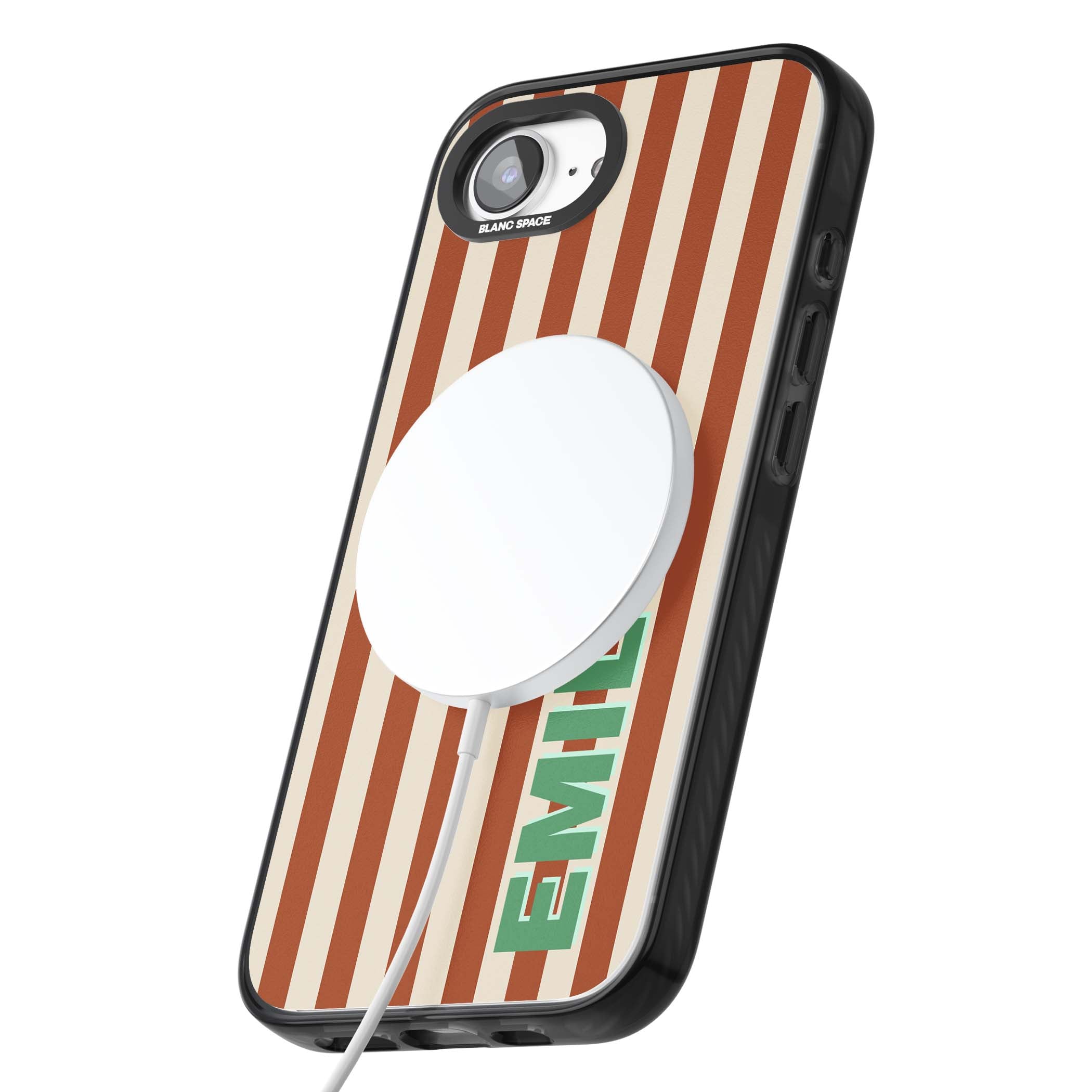 Dune Stripe personalised iPhone case with rust and cream vertical stripes and custom name in mint green | Black Impact Magsafe case for iPhone 16e, iPhone 17e