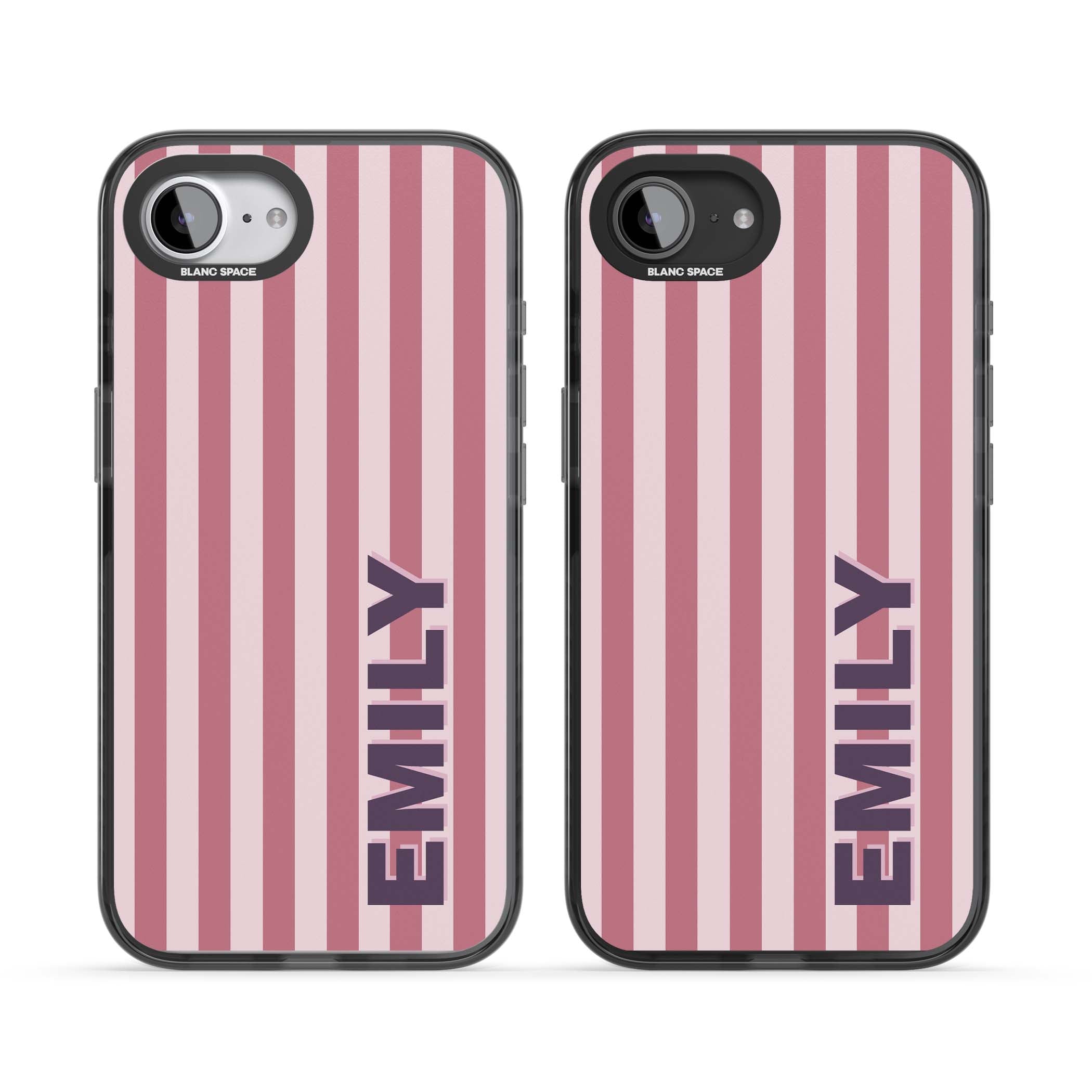 Victoria Stripe personalised iPhone case featuring pink vertical stripes and custom name in bold plum lettering | Black Impact Magsafe case for iPhone 16e, iPhone 17e