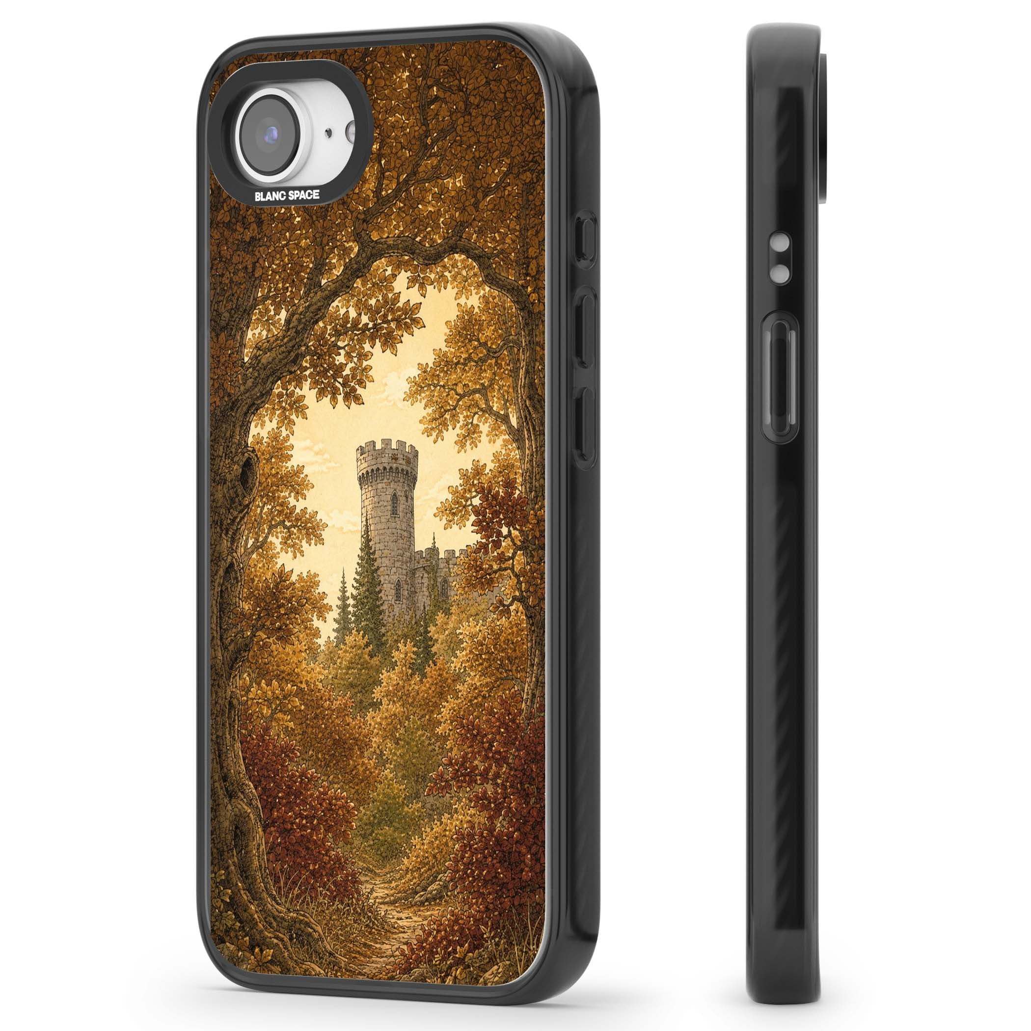 Autumn Keep cottagecore iPhone case featuring a medieval castle tower framed by golden autumn trees and woodland foliage | Black Impact Magsafe case for iPhone 16e, iPhone 17e