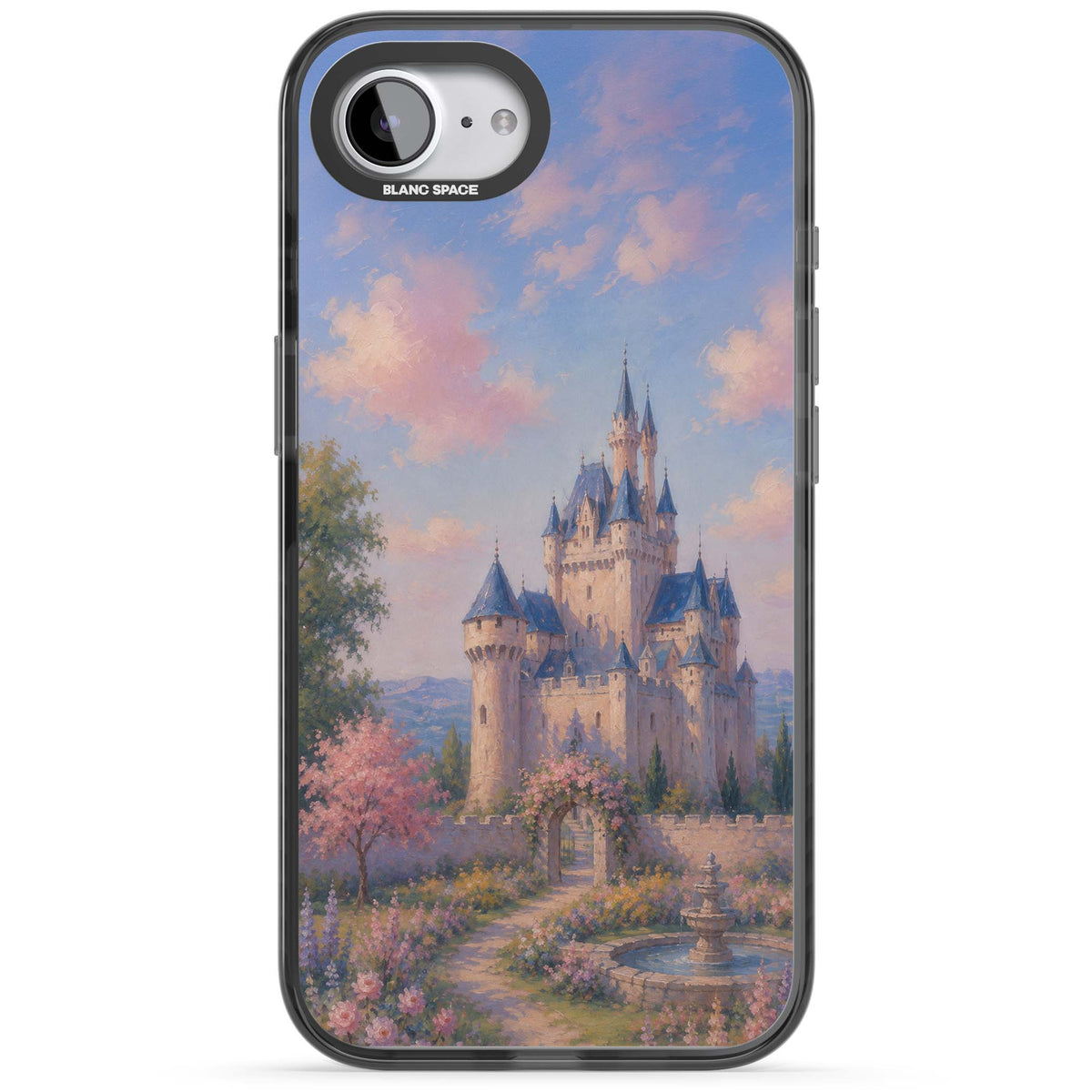 Enchanted Kingdom fairytale iPhone case featuring a romantic castle painting with cherry blossoms and pastel pink sky | Black Impact Magsafe case for iPhone 16e, iPhone 17e