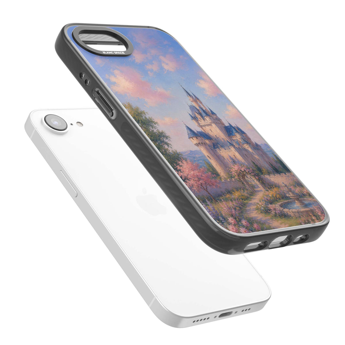 Enchanted Kingdom fairytale iPhone case featuring a romantic castle painting with cherry blossoms and pastel pink sky | Black Impact Magsafe case for iPhone 16e, iPhone 17e