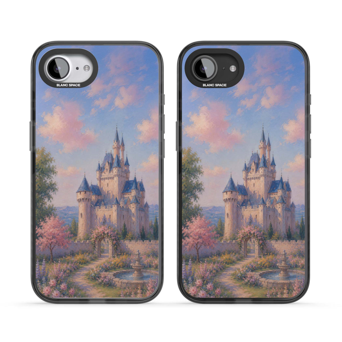Enchanted Kingdom fairytale iPhone case featuring a romantic castle painting with cherry blossoms and pastel pink sky | Black Impact Magsafe case for iPhone 16e, iPhone 17e