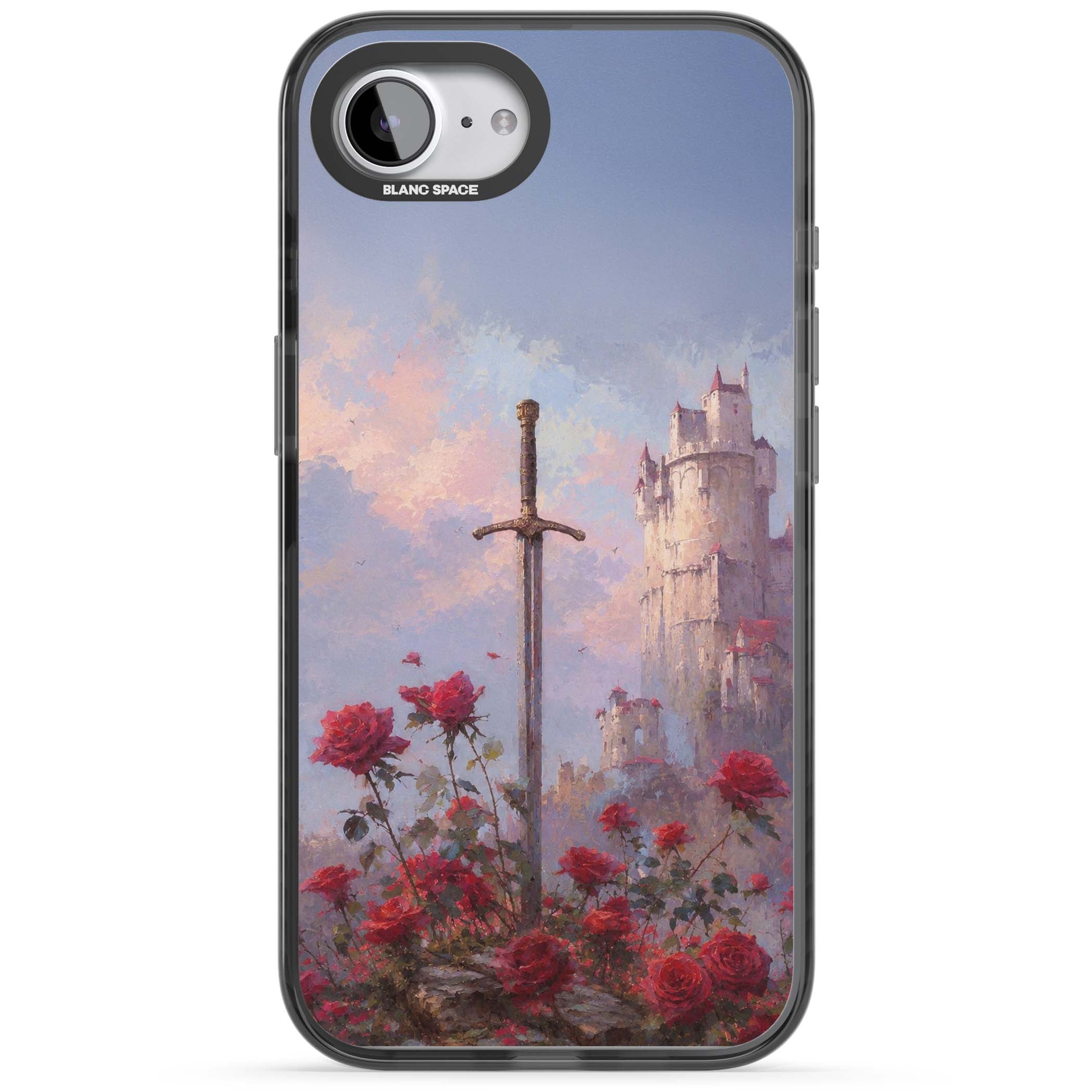 Sword in Roses medieval art iPhone case featuring a sword, red roses, and a misty fairytale castle at sunset | Black Impact Magsafe case for iPhone 16e, iPhone 17e