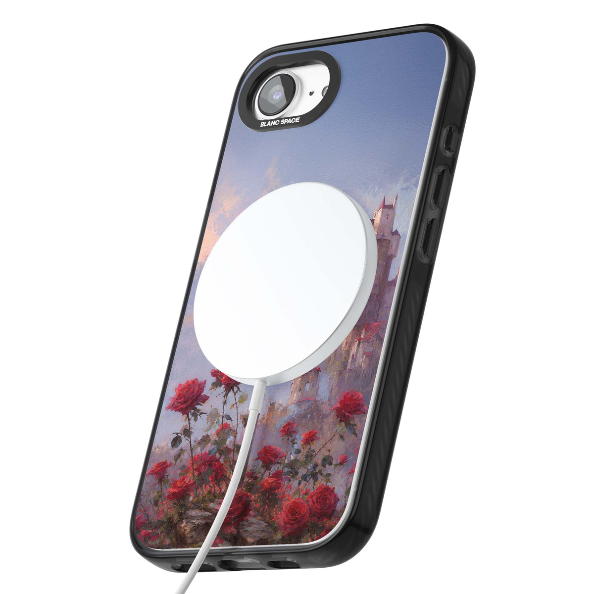 Sword in Roses medieval art iPhone case featuring a sword, red roses, and a misty fairytale castle at sunset | Black Impact Magsafe case for iPhone 16e, iPhone 17e