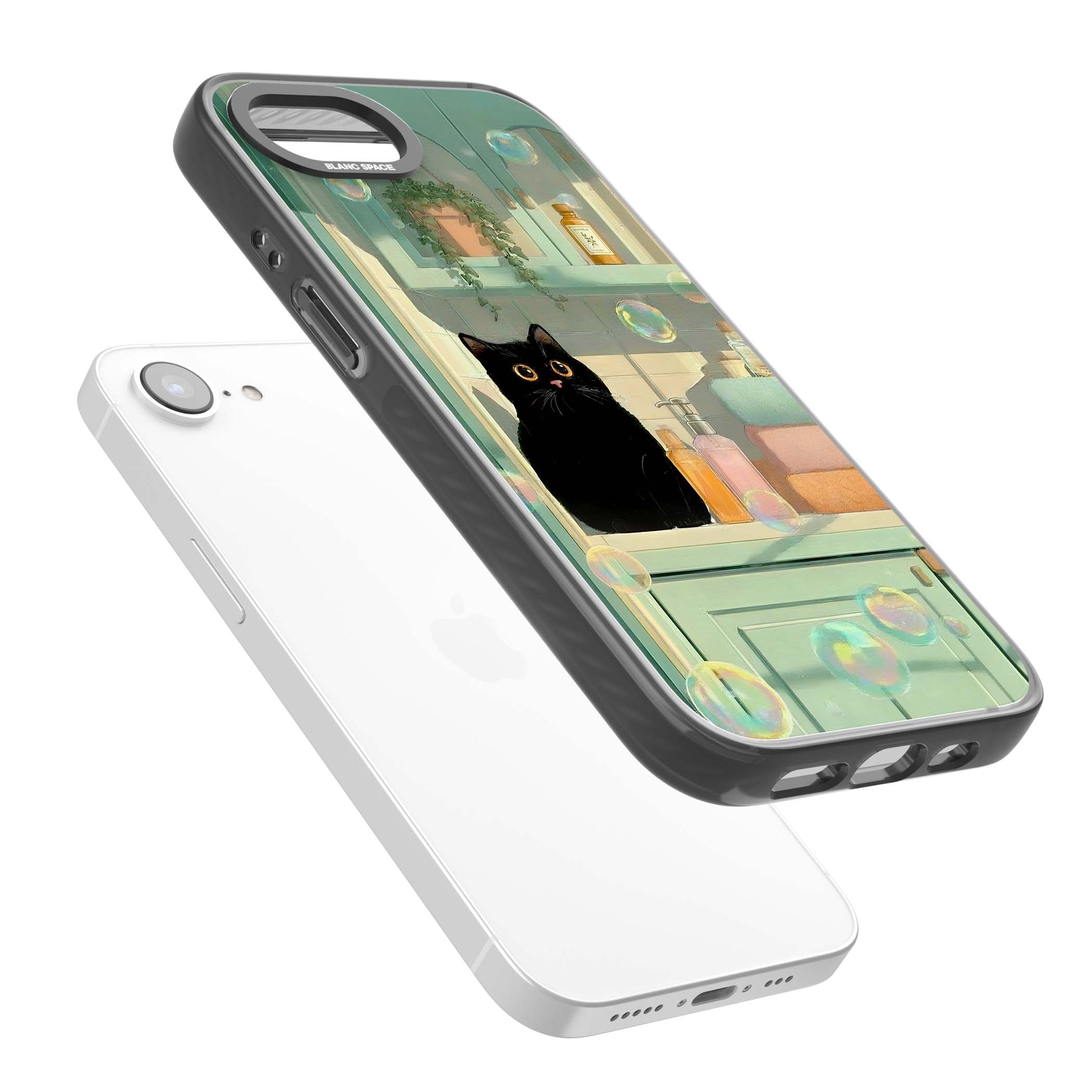 Bathroom Bubble Kitty cottagecore iPhone case featuring a black cat, mint bathroom scene and floating soap bubbles | Black Impact Magsafe case for iPhone 16e, iPhone 17e