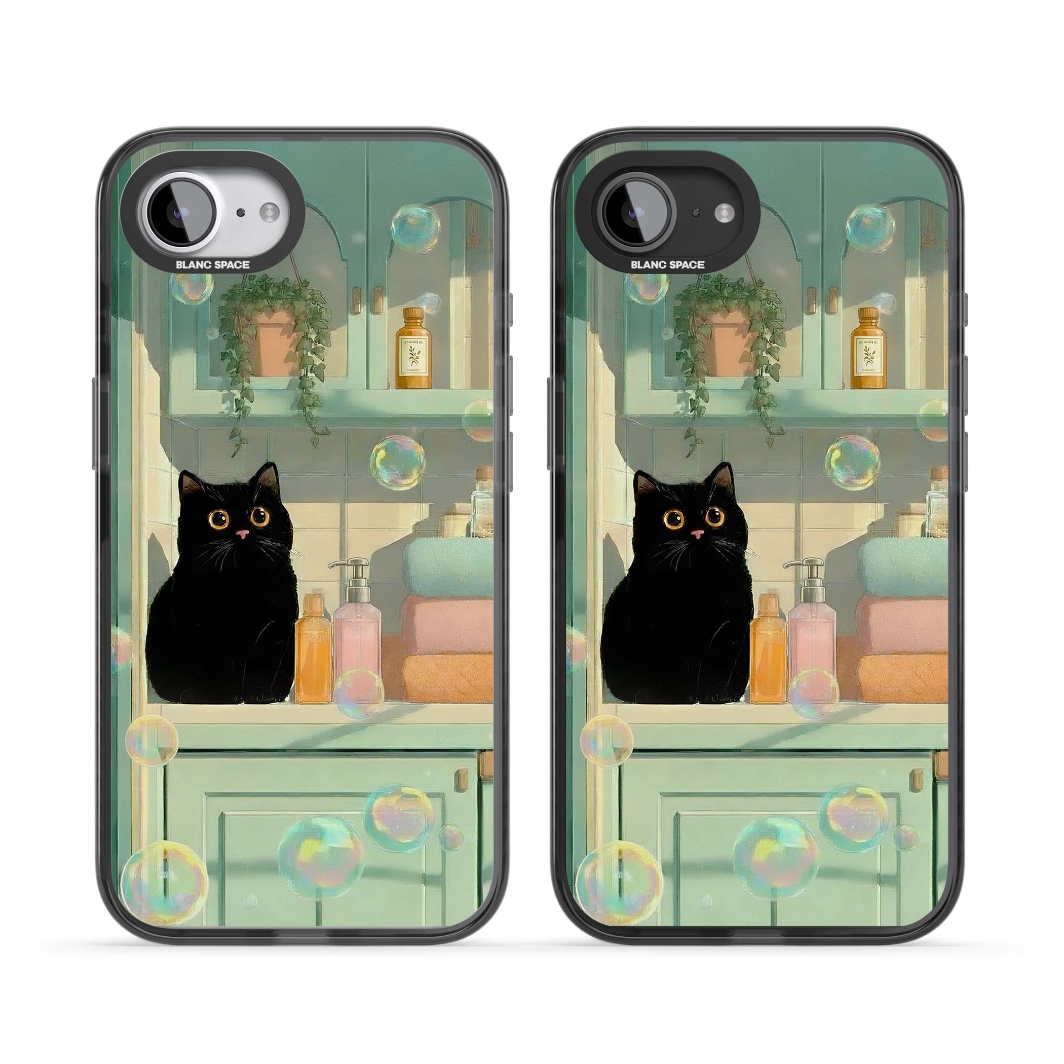 Bathroom Bubble Kitty cottagecore iPhone case featuring a black cat, mint bathroom scene and floating soap bubbles | Black Impact Magsafe case for iPhone 16e, iPhone 17e