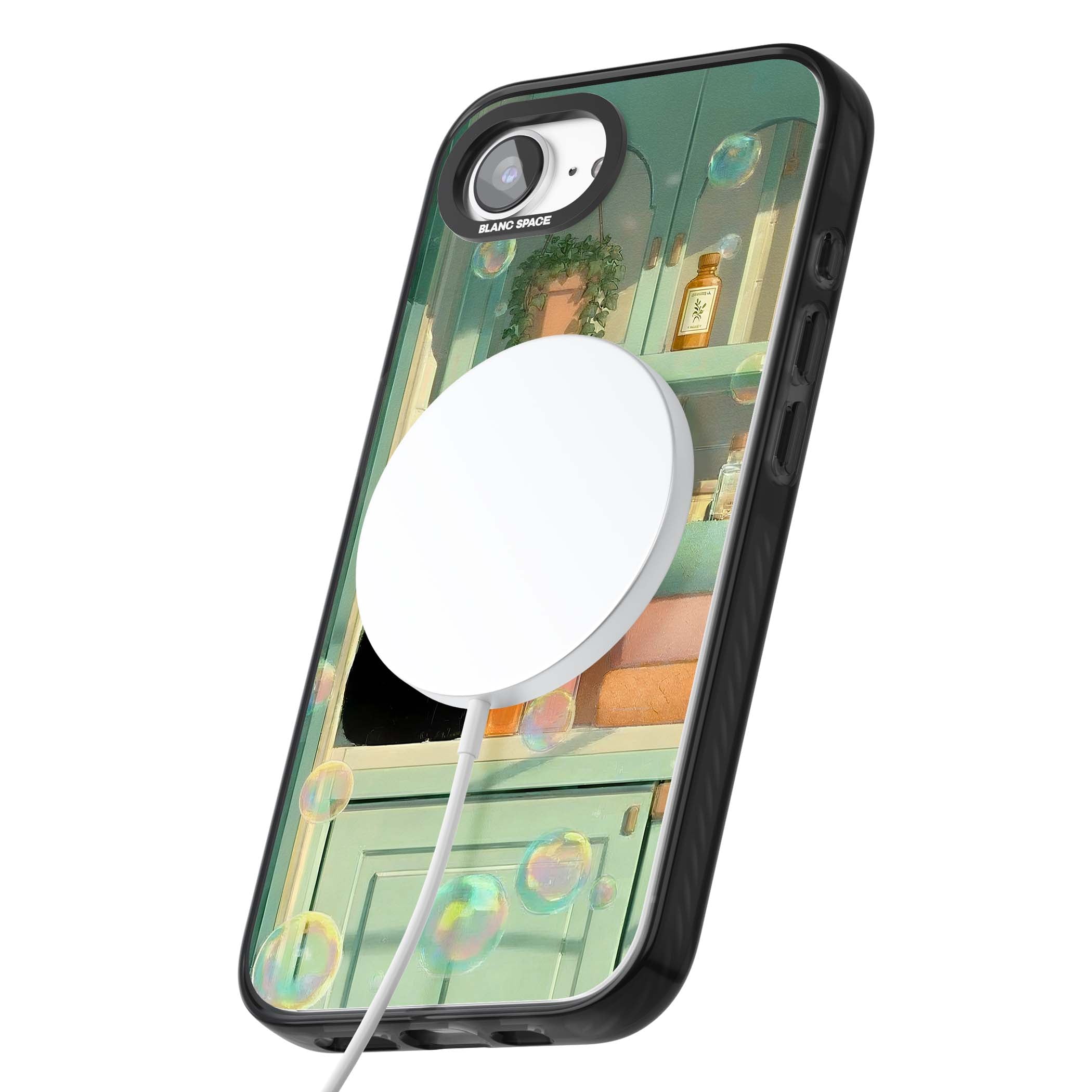 Bathroom Bubble Kitty cottagecore iPhone case featuring a black cat, mint bathroom scene and floating soap bubbles | Black Impact Magsafe case for iPhone 16e, iPhone 17e