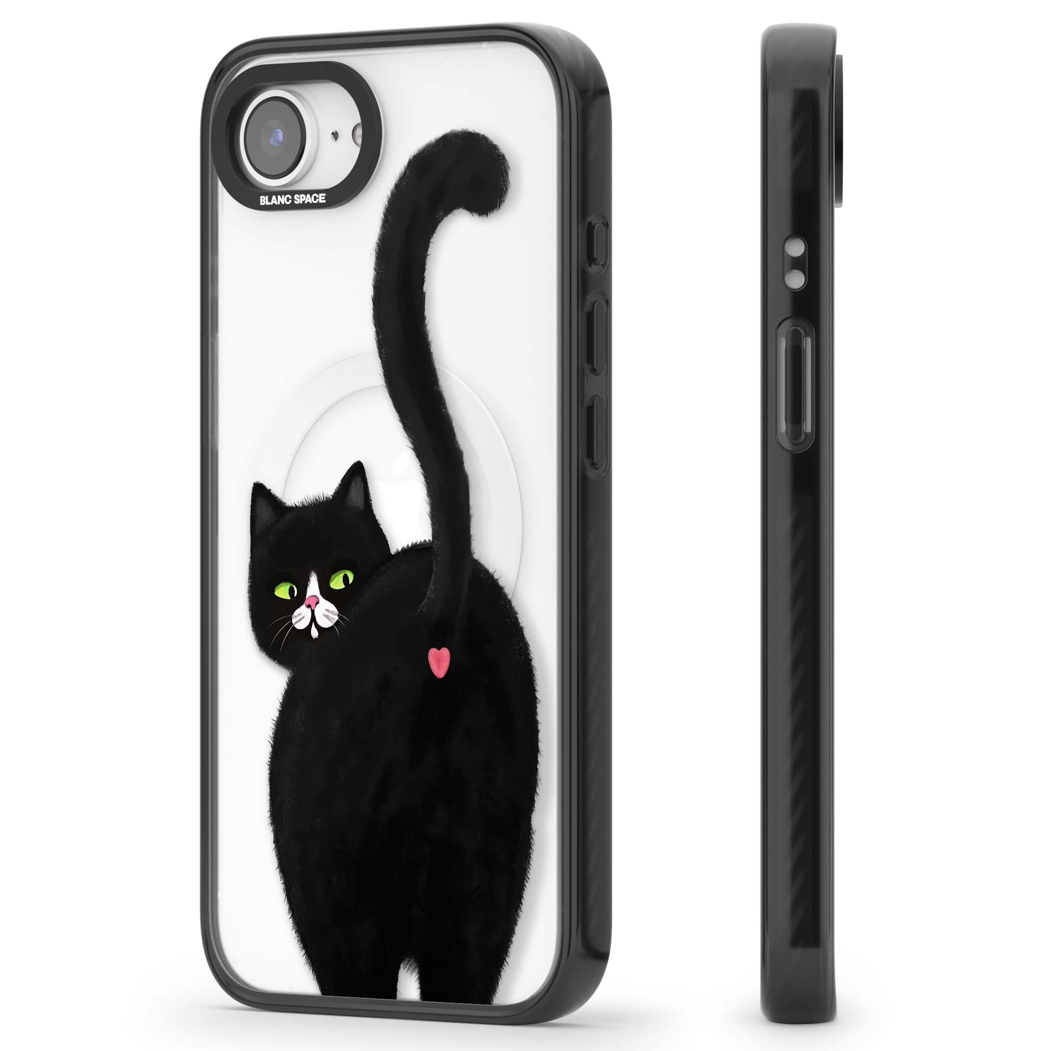 The Cat's Kiss cute cat iPhone case featuring a hand-painted tuxedo kitty with green eyes and a pink heart on a clear | Black Impact Magsafe case for iPhone 16e, iPhone 17e