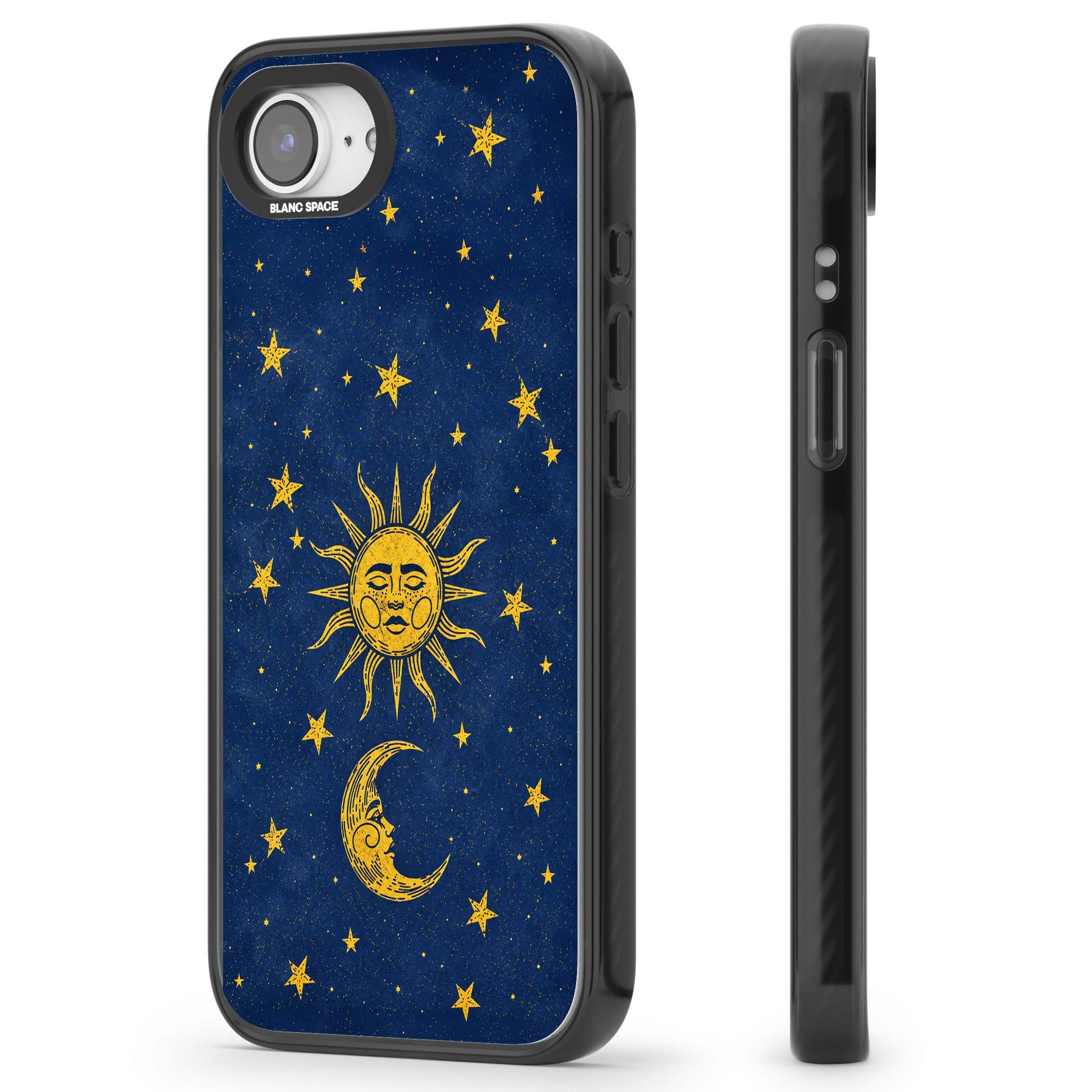 Sun & Moon Reverie celestial iPhone case featuring a vintage golden sun, crescent moon and scattered stars on midnight blue | Black Impact Magsafe case for iPhone 16e, iPhone 17e